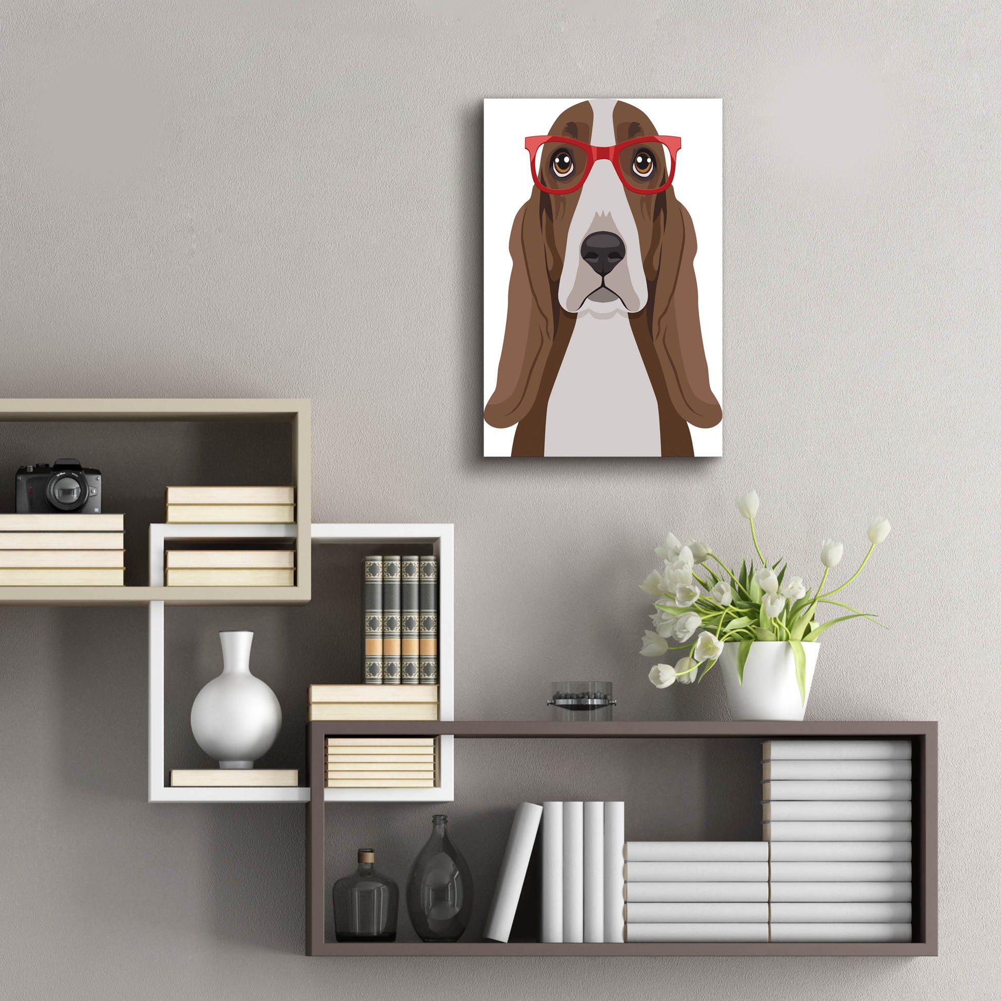 Epic Art 'Basset Hound Wearing Hipster Glasses' by Olga and Alexey Drozdov, Acrylic Glass Wall Art,16x24