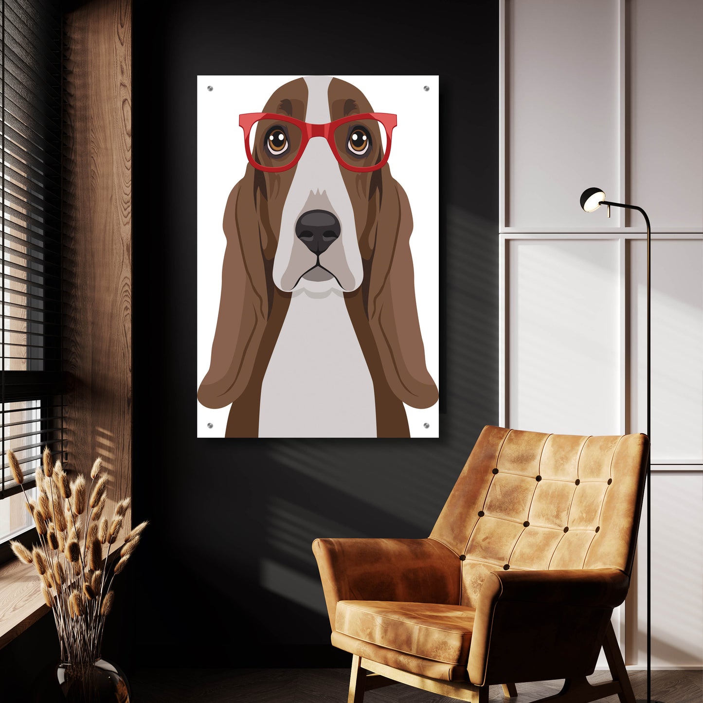 Epic Art 'Basset Hound Wearing Hipster Glasses' by Olga and Alexey Drozdov, Acrylic Glass Wall Art,24x36