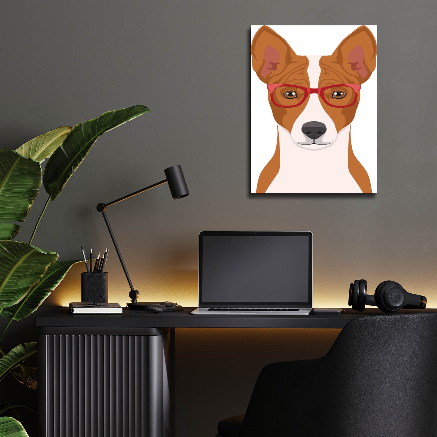 Epic Art 'Basenji Wearing Hipster Glasses' by Olga and Alexey Drozdov, Acrylic Glass Wall Art,12x16