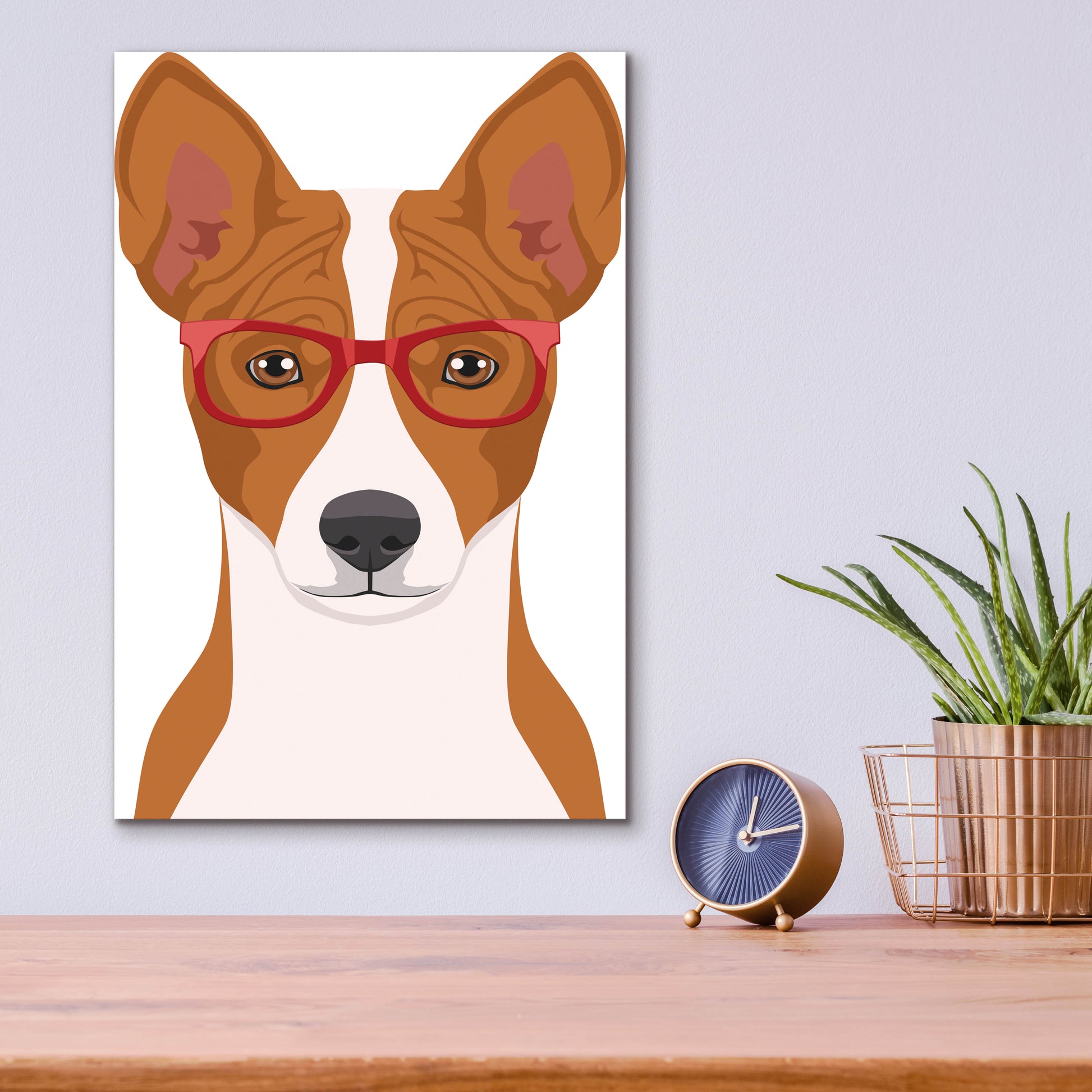 Epic Art 'Basenji Wearing Hipster Glasses' by Olga and Alexey Drozdov, Acrylic Glass Wall Art,12x16