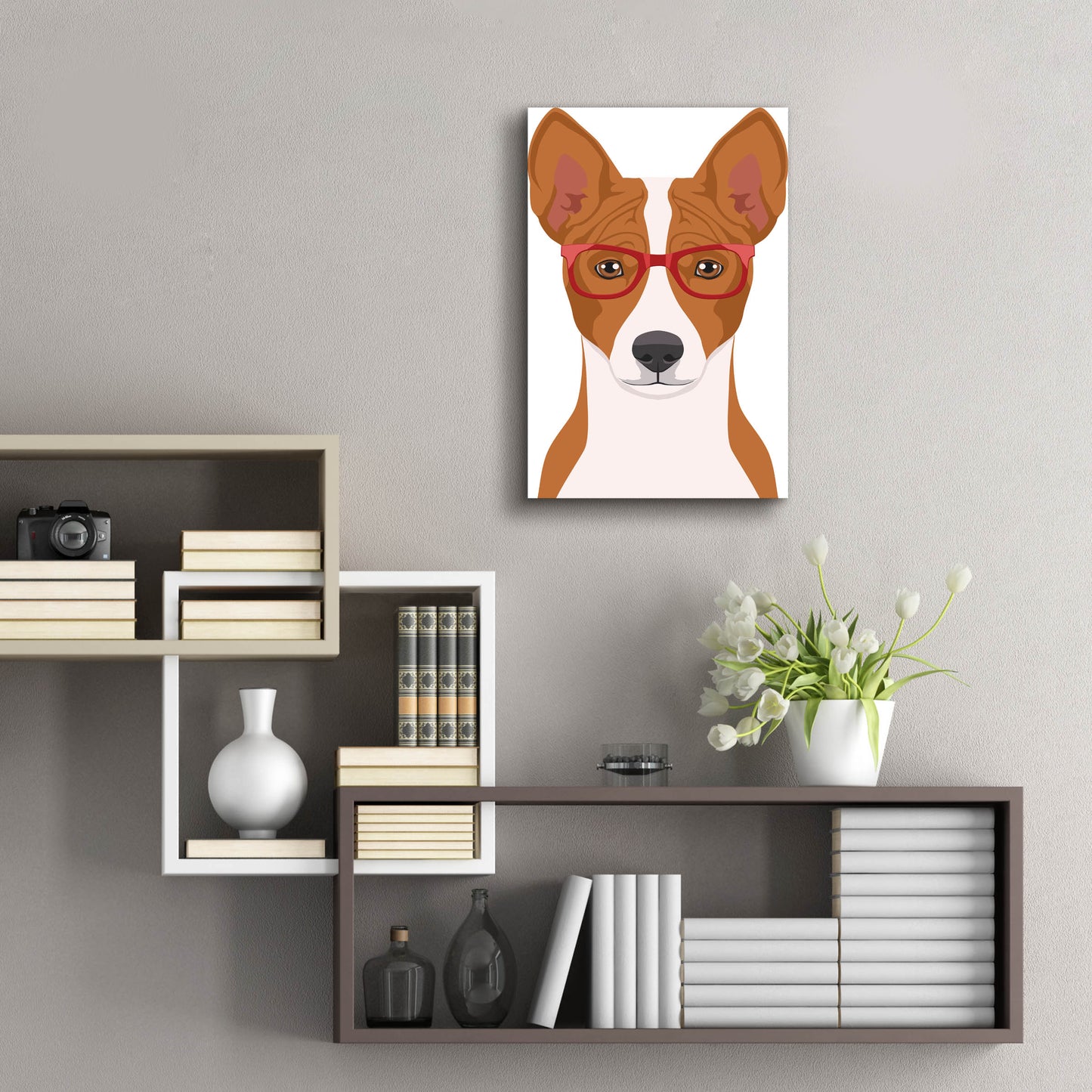 Epic Art 'Basenji Wearing Hipster Glasses' by Olga and Alexey Drozdov, Acrylic Glass Wall Art,16x24