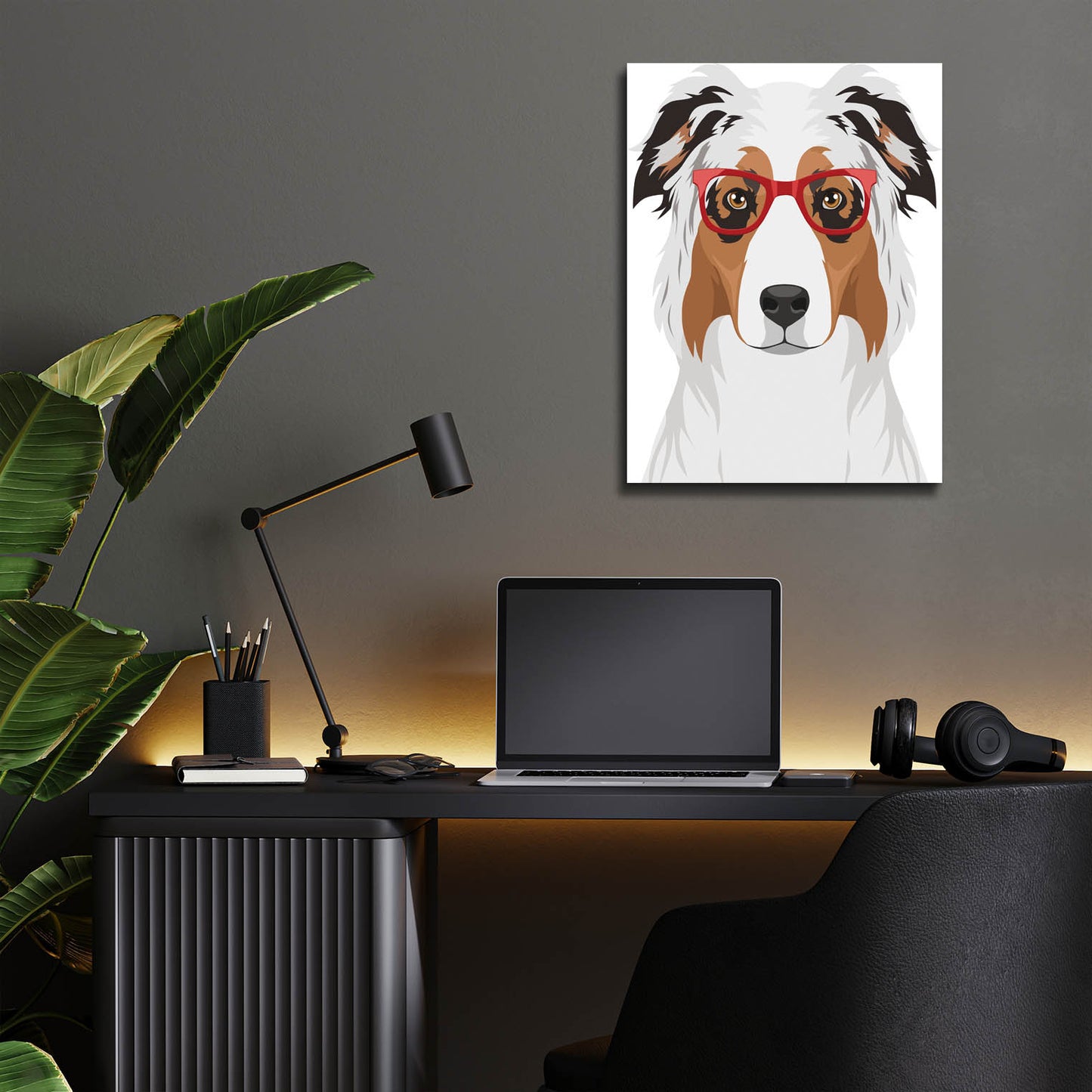 Epic Art 'Australian Shepherd Wearing Hipster Glasses' by Olga and Alexey Drozdov, Acrylic Glass Wall Art,12x16