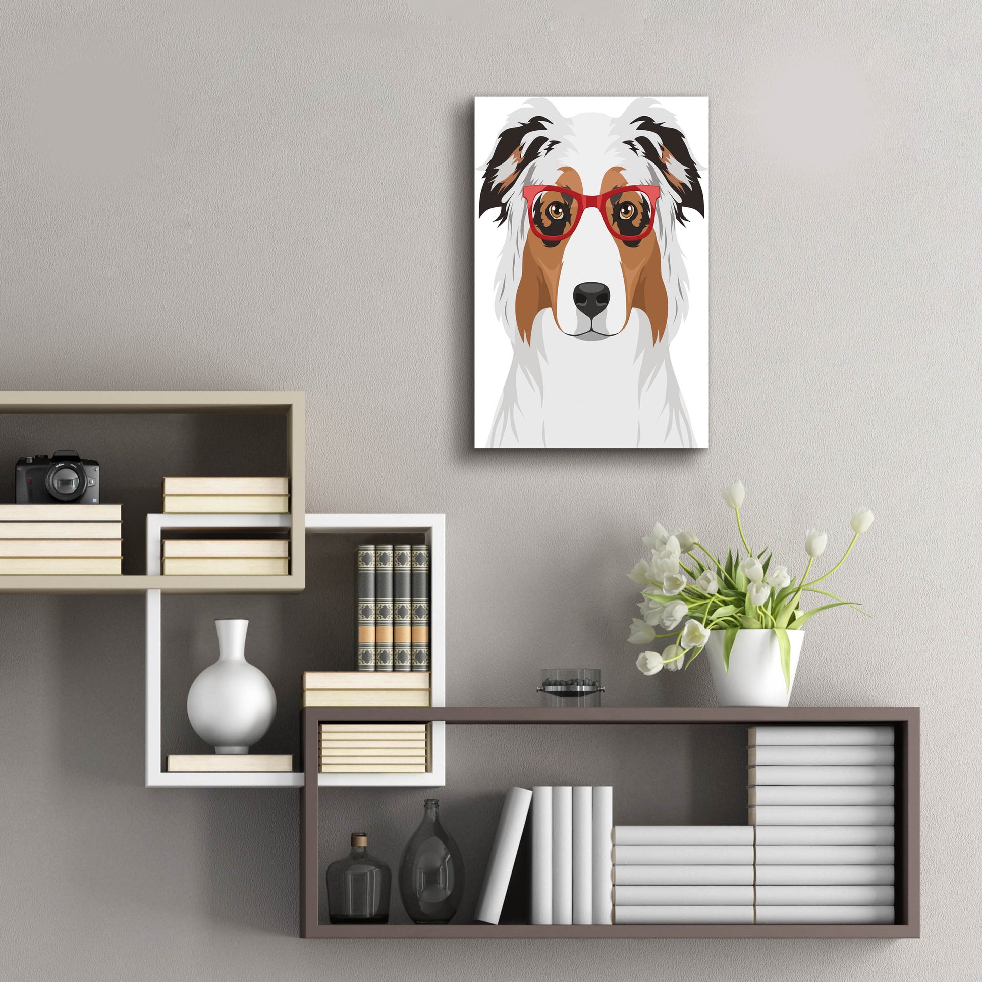 Epic Art 'Australian Shepherd Wearing Hipster Glasses' by Olga and Alexey Drozdov, Acrylic Glass Wall Art,16x24