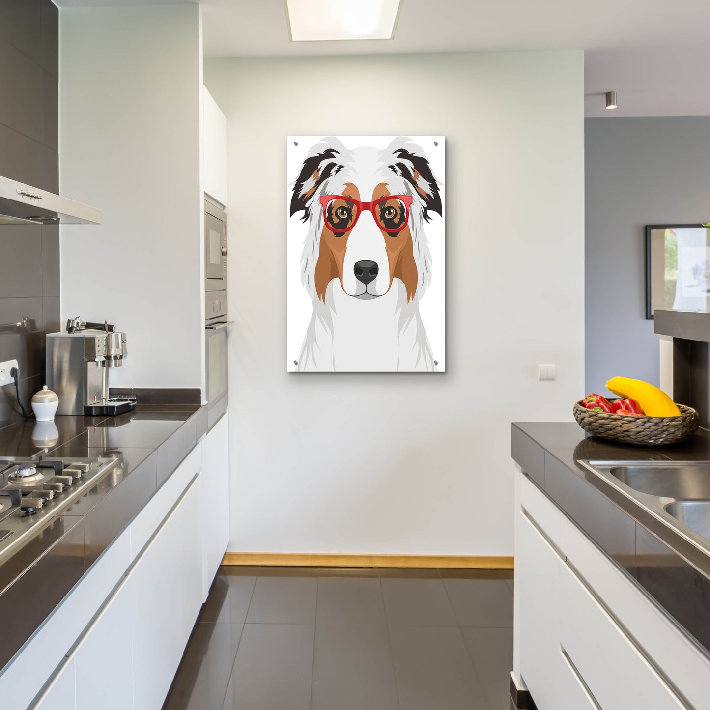 Epic Art 'Australian Shepherd Wearing Hipster Glasses' by Olga and Alexey Drozdov, Acrylic Glass Wall Art,24x36