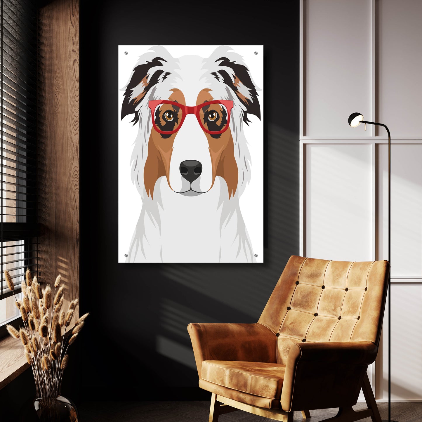 Epic Art 'Australian Shepherd Wearing Hipster Glasses' by Olga and Alexey Drozdov, Acrylic Glass Wall Art,24x36