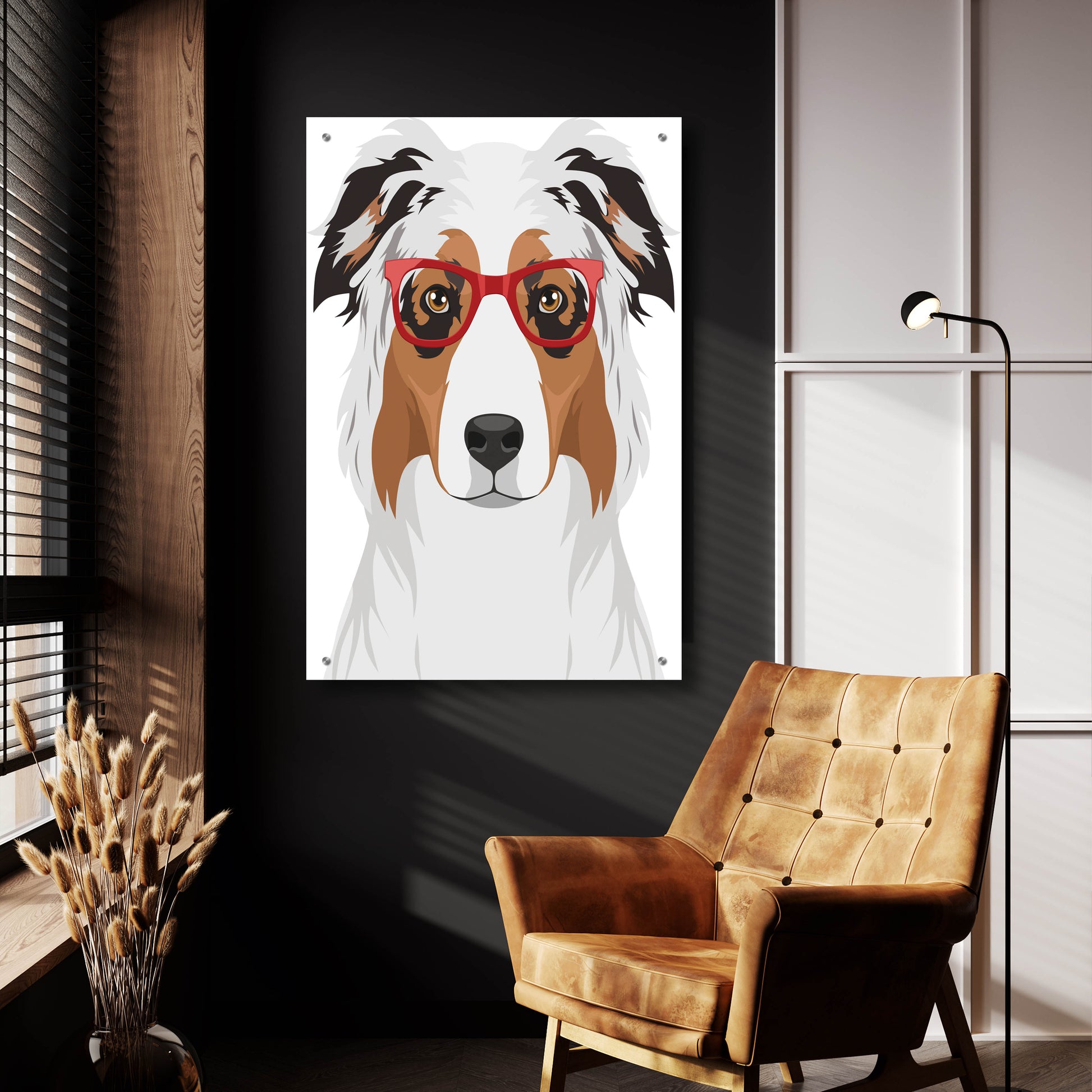 Epic Art 'Australian Shepherd Wearing Hipster Glasses' by Olga and Alexey Drozdov, Acrylic Glass Wall Art,24x36