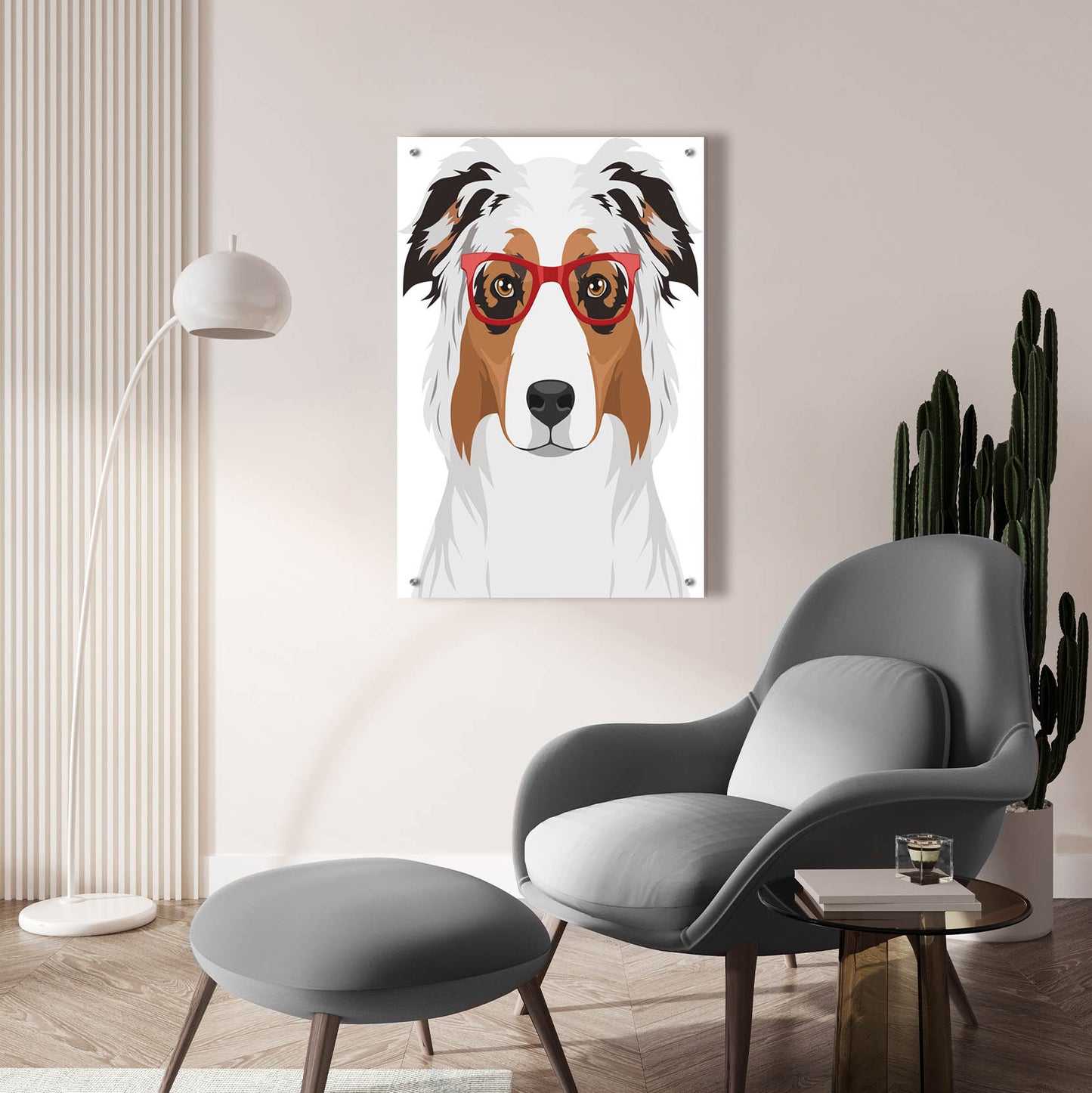 Epic Art 'Australian Shepherd Wearing Hipster Glasses' by Olga and Alexey Drozdov, Acrylic Glass Wall Art,24x36