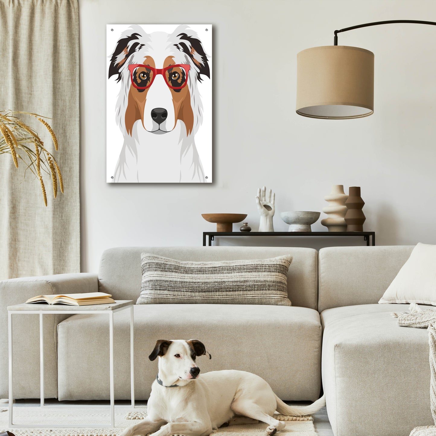 Epic Art 'Australian Shepherd Wearing Hipster Glasses' by Olga and Alexey Drozdov, Acrylic Glass Wall Art,24x36