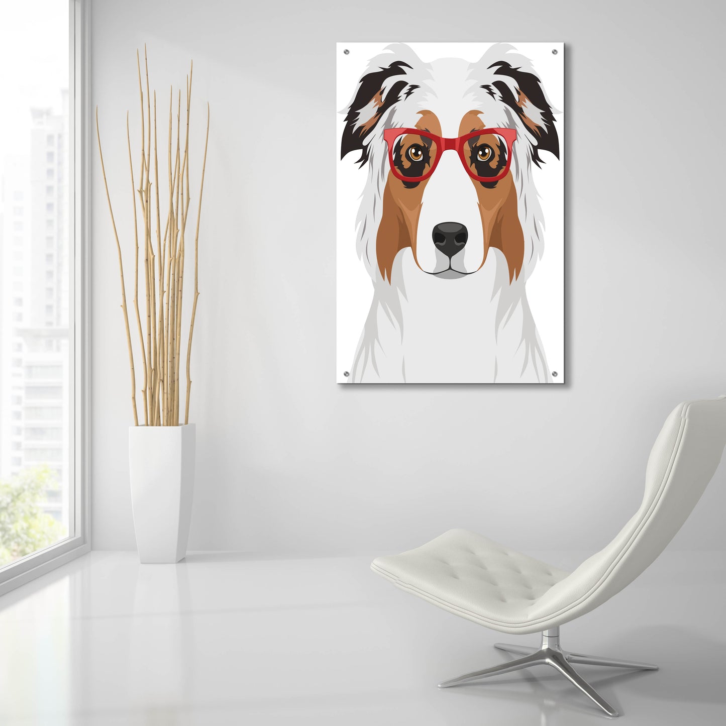 Epic Art 'Australian Shepherd Wearing Hipster Glasses' by Olga and Alexey Drozdov, Acrylic Glass Wall Art,24x36