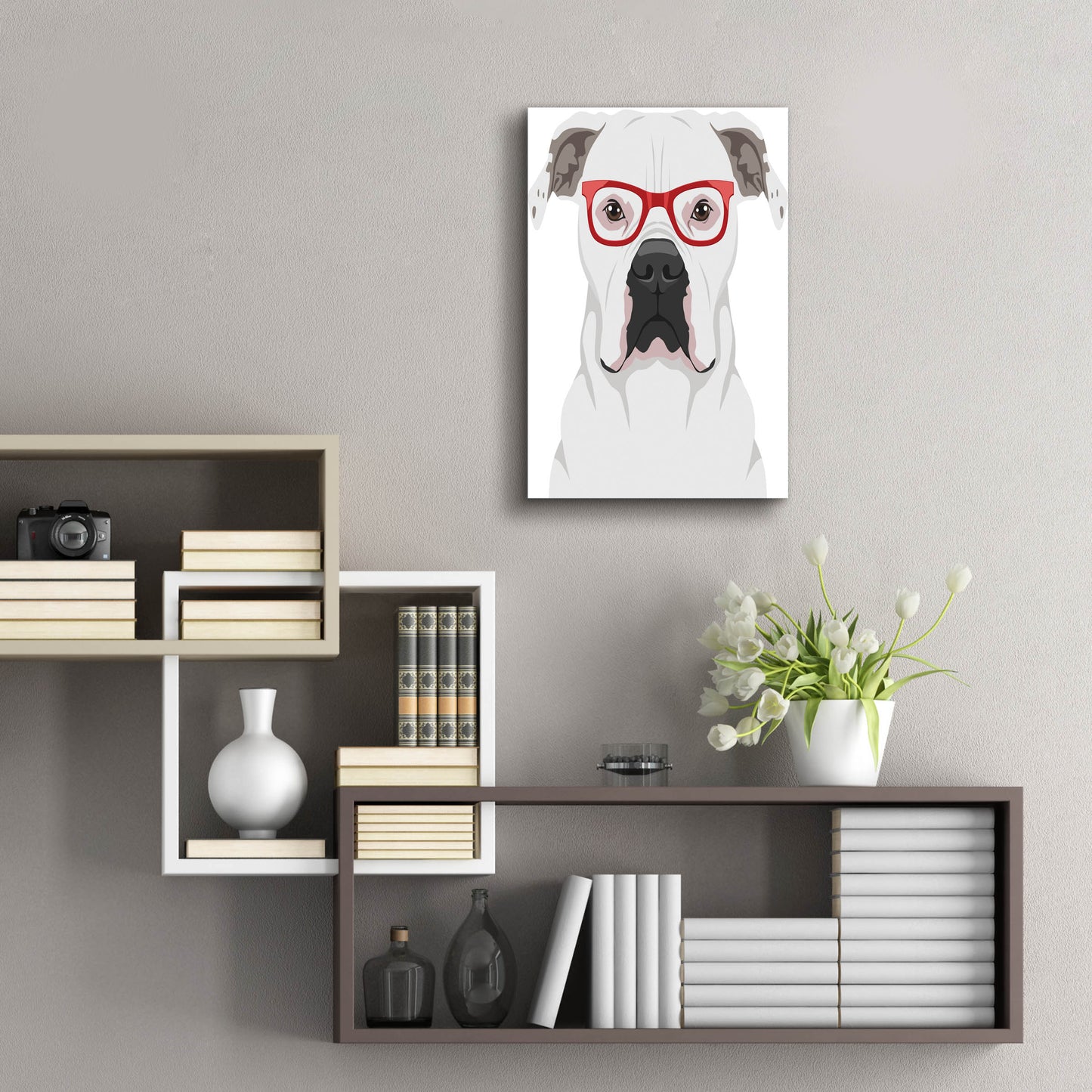 Epic Art 'American Bulldog Wearing Hipster Glasses' by Olga and Alexey Drozdov, Acrylic Glass Wall Art,16x24