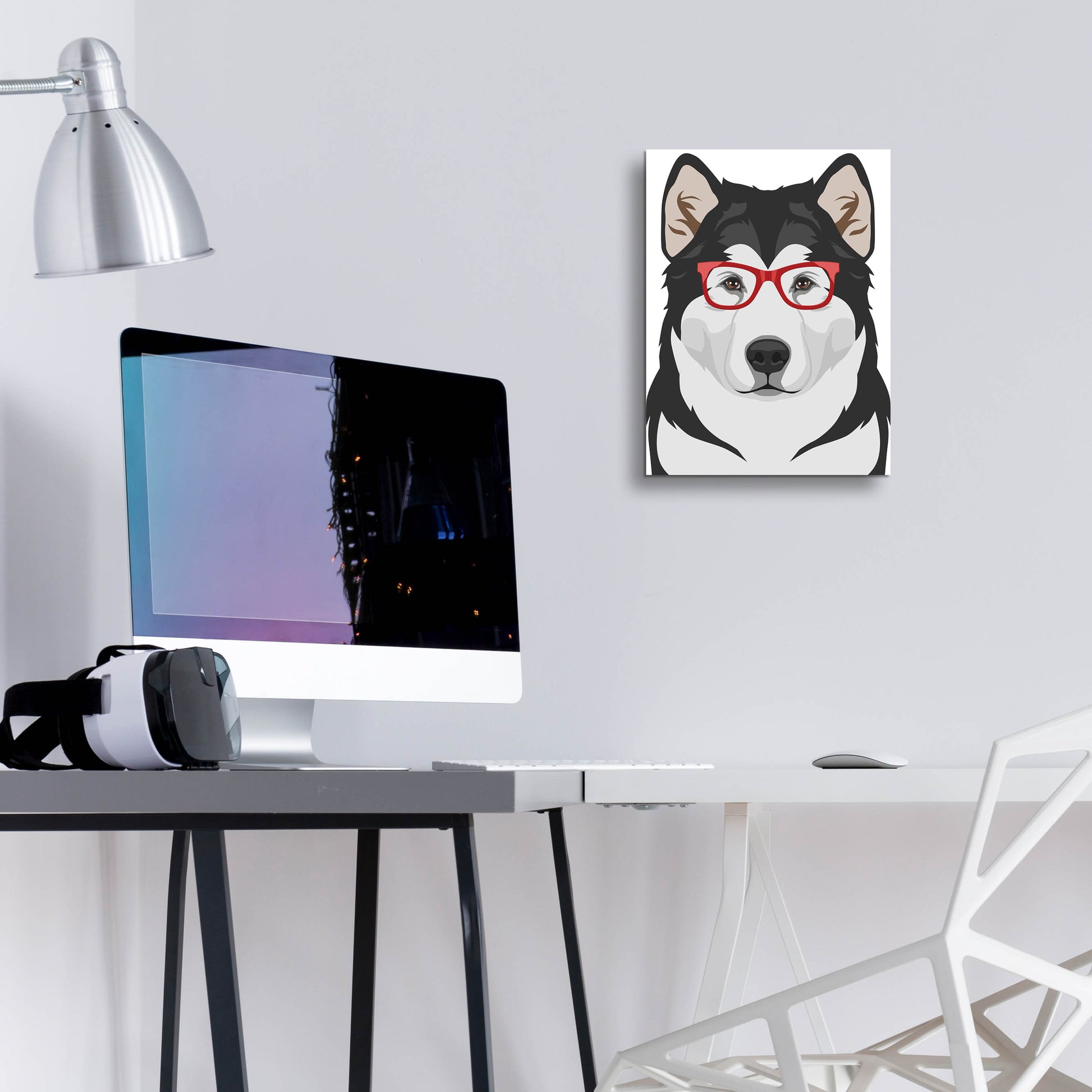 Epic Art 'Alaskan Malamute Wearing Hipster Glasses' by Olga and Alexey Drozdov, Acrylic Glass Wall Art,12x16