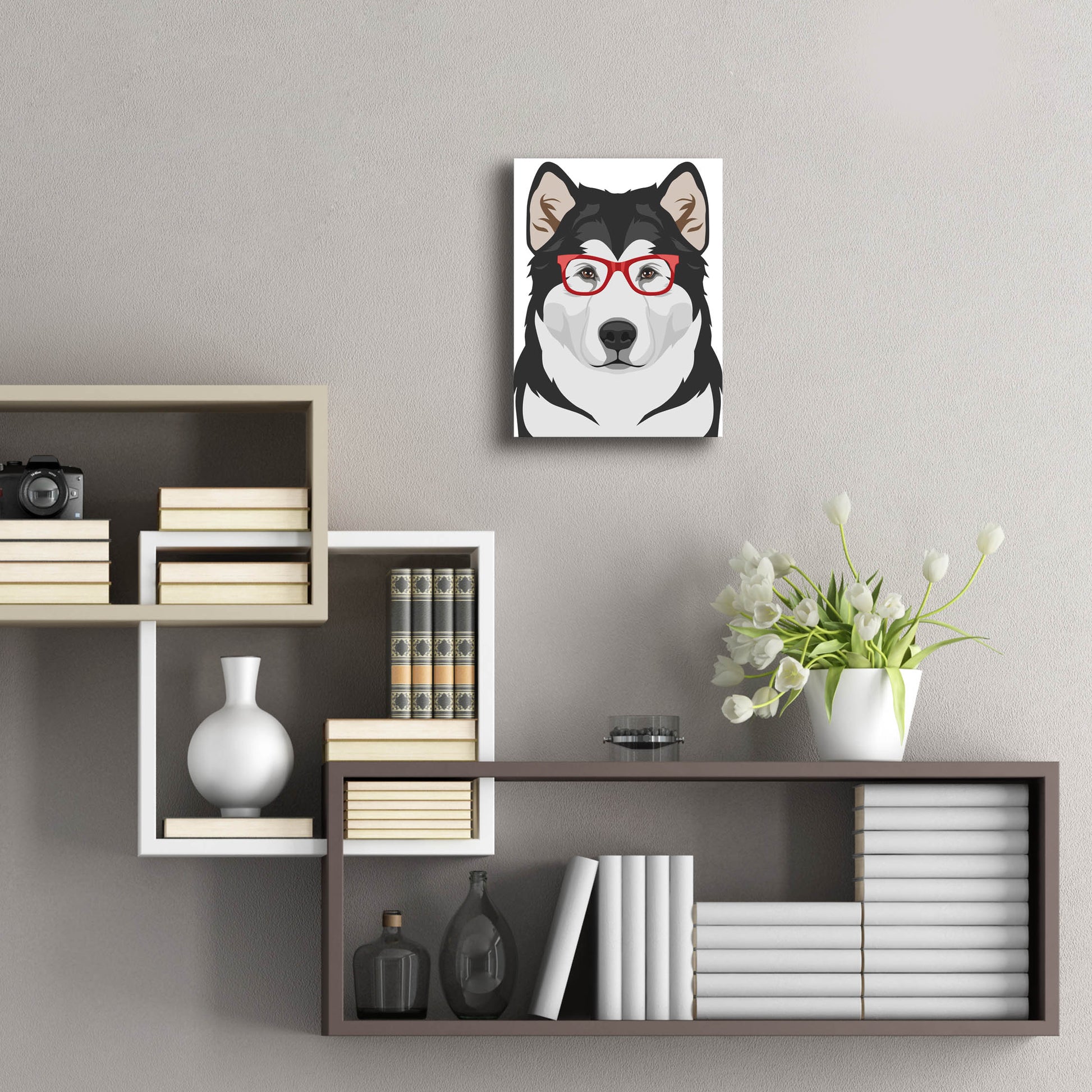 Epic Art 'Alaskan Malamute Wearing Hipster Glasses' by Olga and Alexey Drozdov, Acrylic Glass Wall Art,12x16