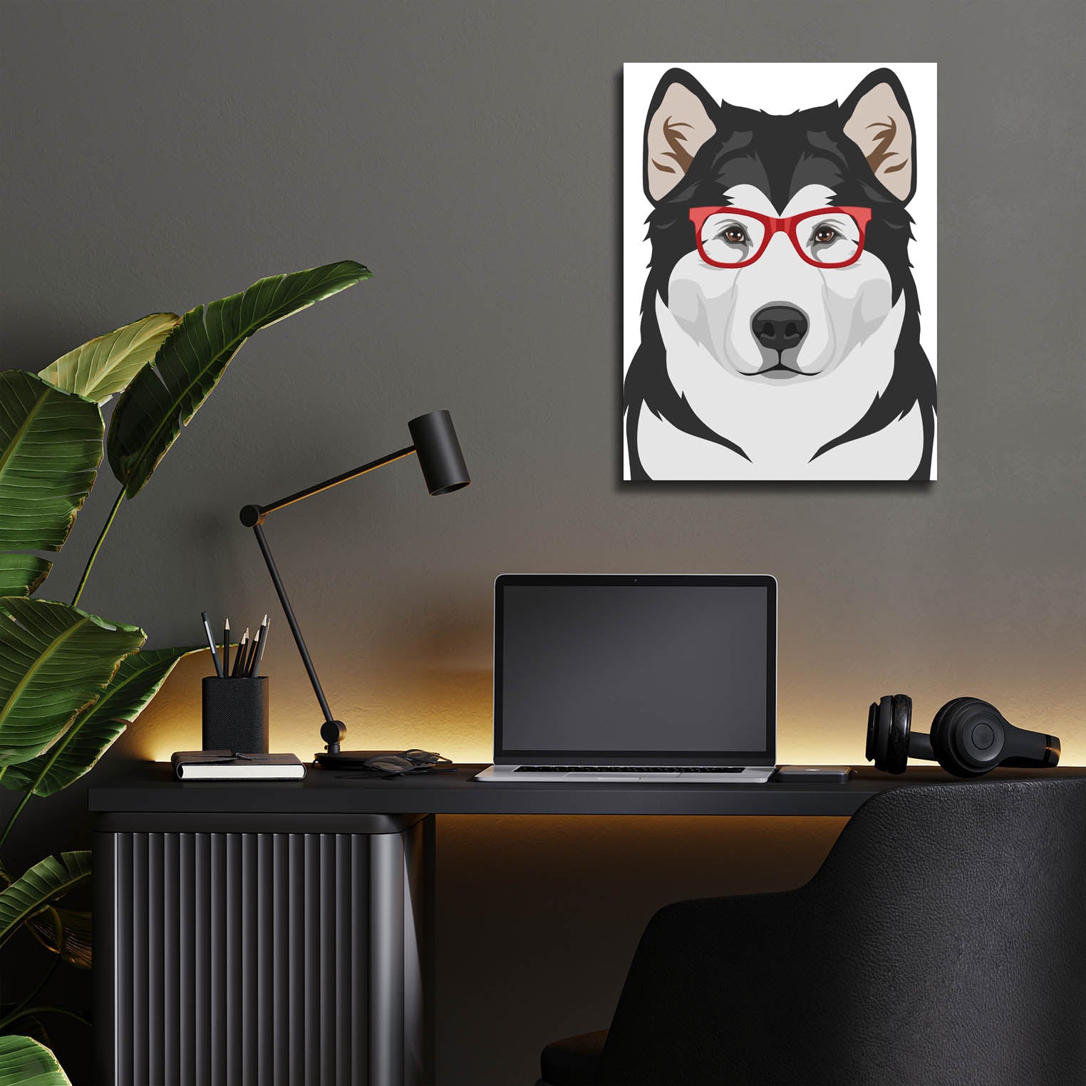 Epic Art 'Alaskan Malamute Wearing Hipster Glasses' by Olga and Alexey Drozdov, Acrylic Glass Wall Art,12x16