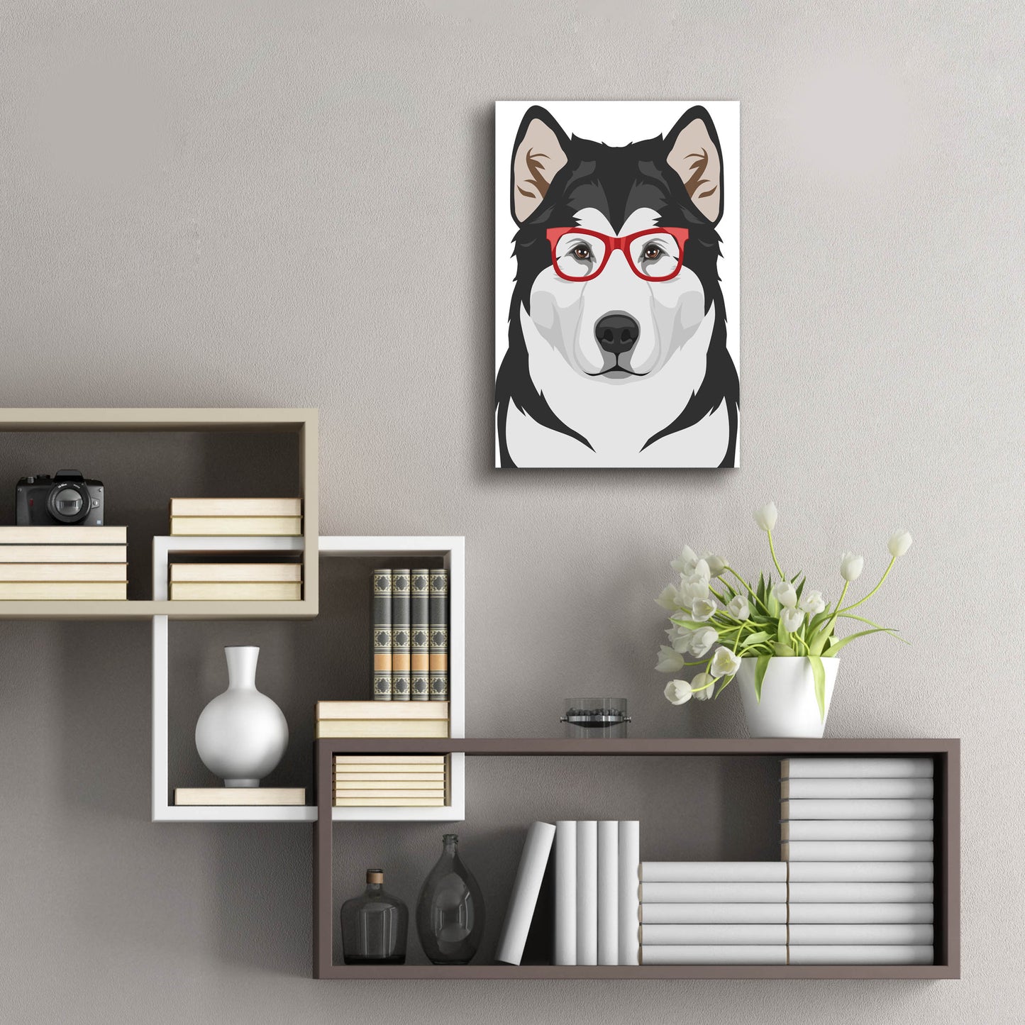 Epic Art 'Alaskan Malamute Wearing Hipster Glasses' by Olga and Alexey Drozdov, Acrylic Glass Wall Art,16x24