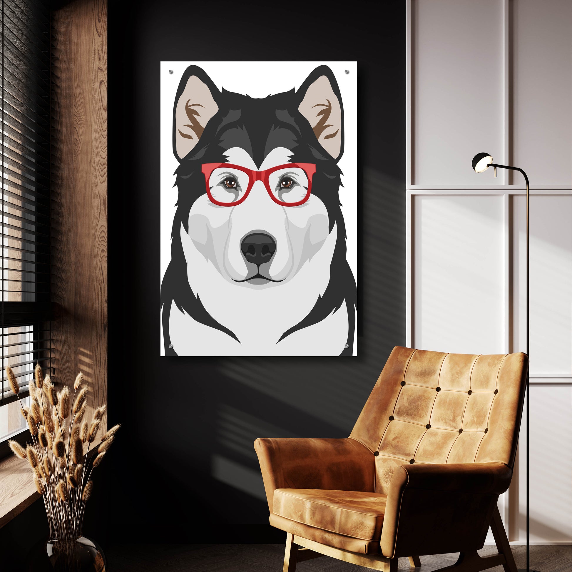 Epic Art 'Alaskan Malamute Wearing Hipster Glasses' by Olga and Alexey Drozdov, Acrylic Glass Wall Art,24x36