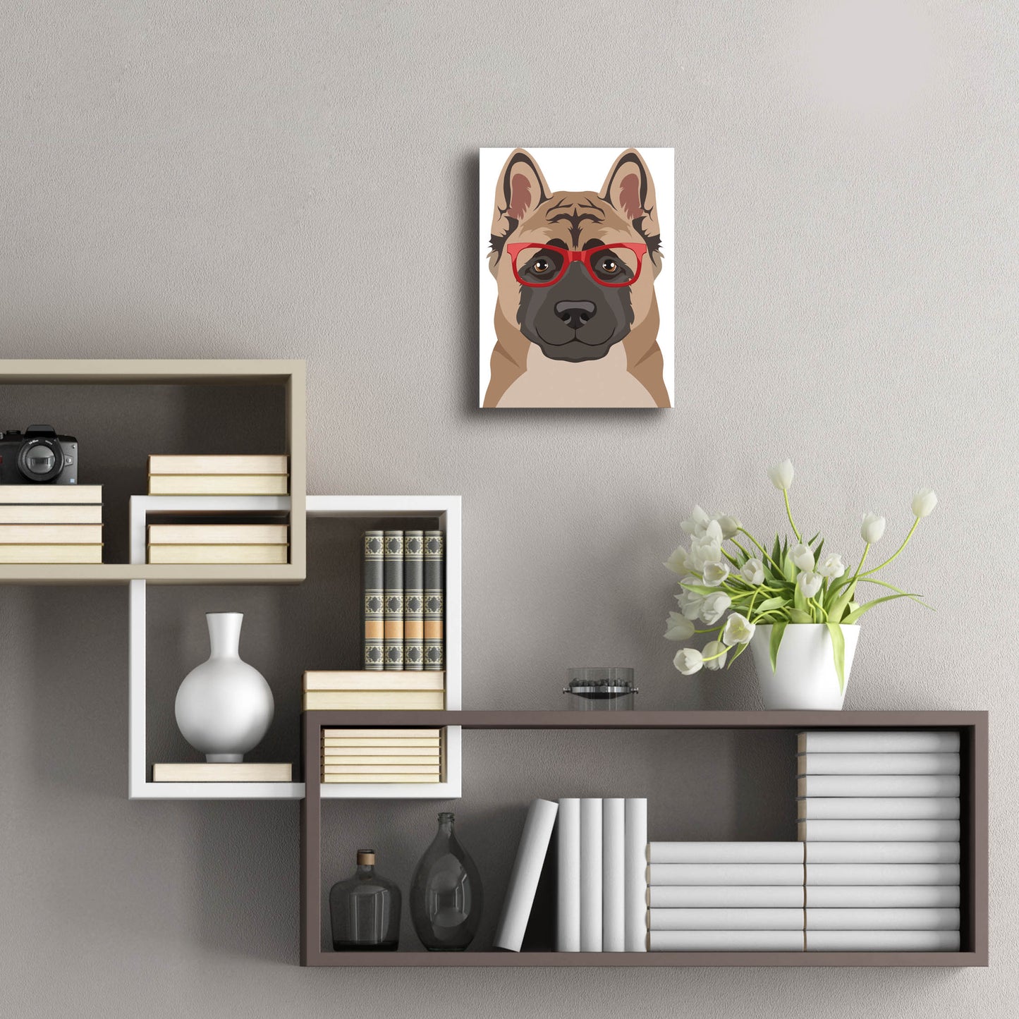 Epic Art 'Akita Wearing Hipster Glasses' by Olga and Alexey Drozdov, Acrylic Glass Wall Art,12x16