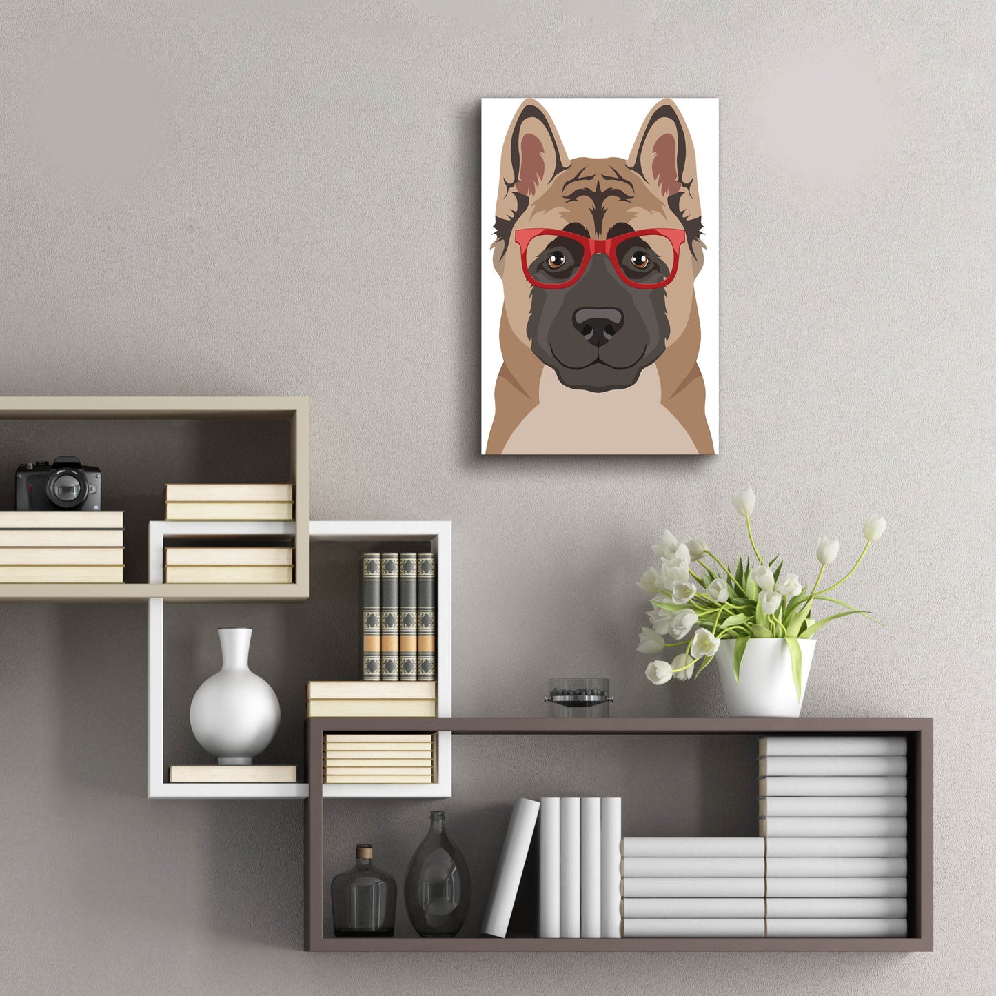 Epic Art 'Akita Wearing Hipster Glasses' by Olga and Alexey Drozdov, Acrylic Glass Wall Art,16x24