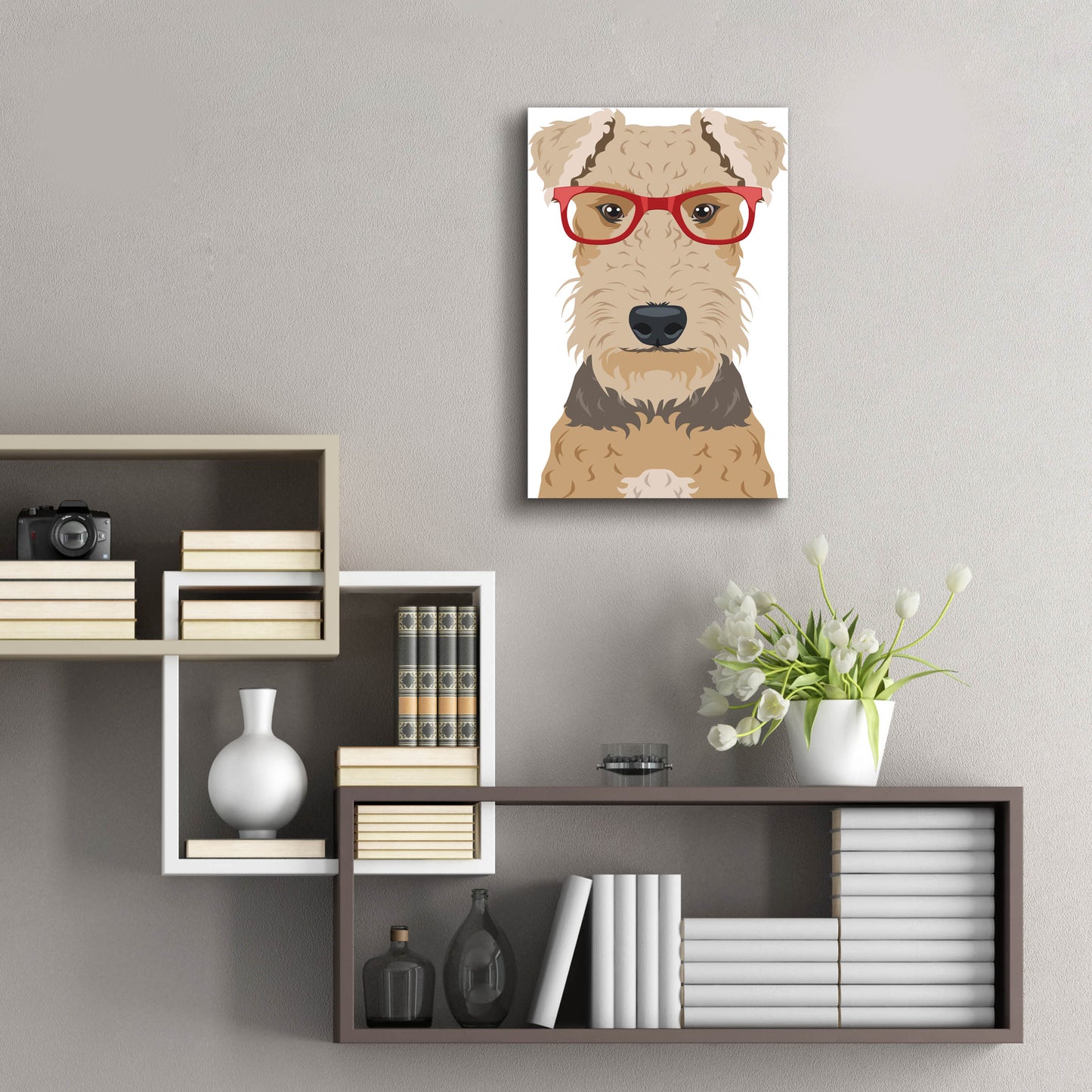 Epic Art 'Airedale Terrier Wearing Hipster Glasses' by Olga and Alexey Drozdov, Acrylic Glass Wall Art,16x24