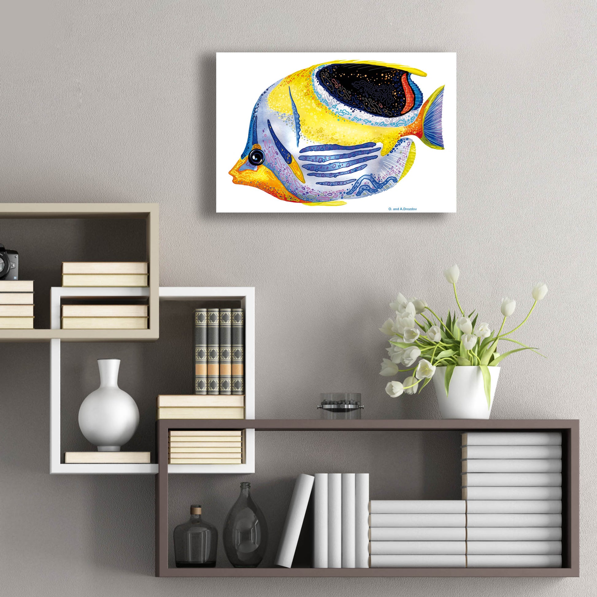 Epic Art 'Fish 5 Blue Yellow' by Olga and Alexey Drozdov, Acrylic Glass Wall Art,24x16