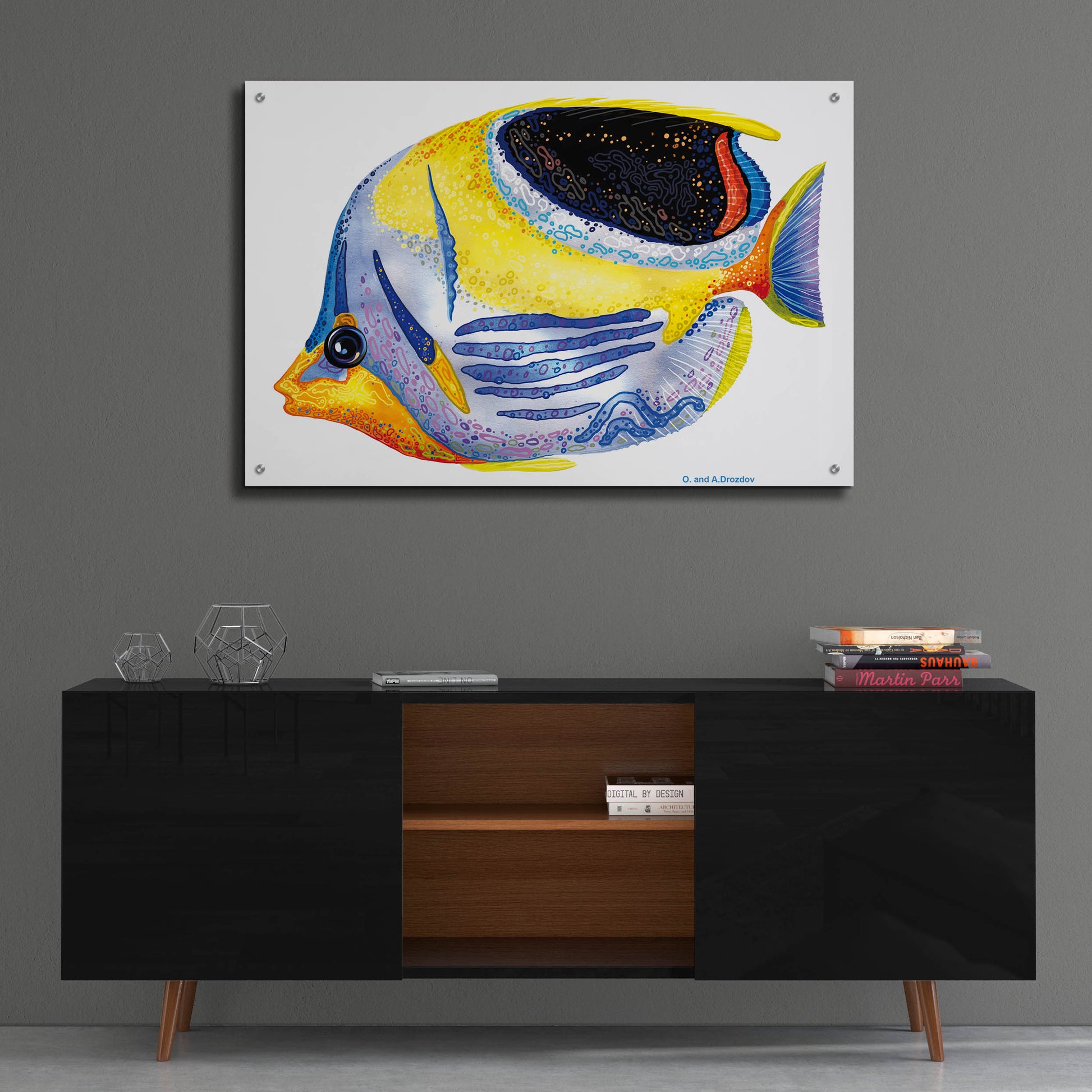 Epic Art 'Fish 5 Blue Yellow' by Olga and Alexey Drozdov, Acrylic Glass Wall Art,36x24