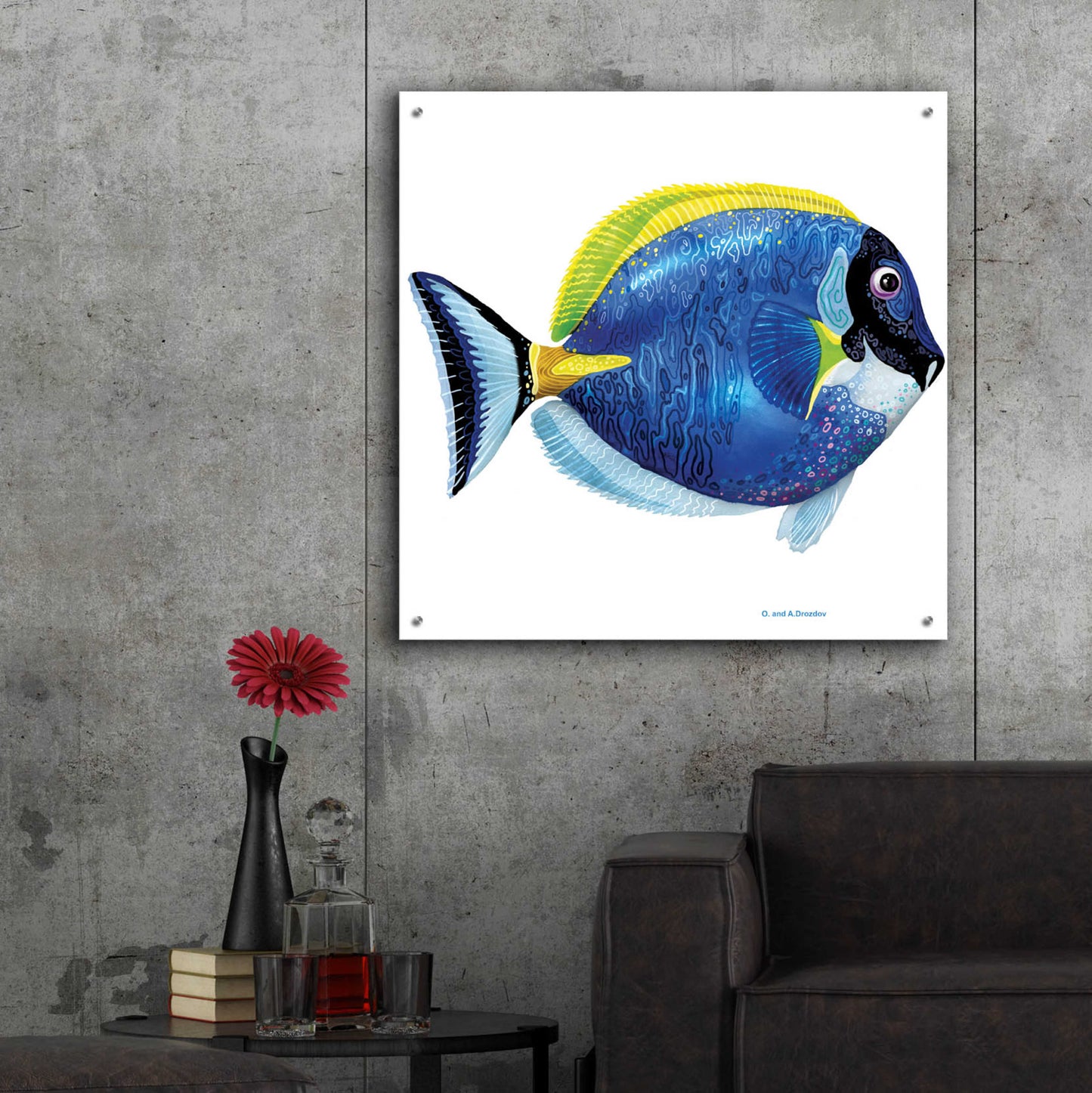 Epic Art 'Fish 4 Blue Yellow' by Olga and Alexey Drozdov, Acrylic Glass Wall Art,36x36