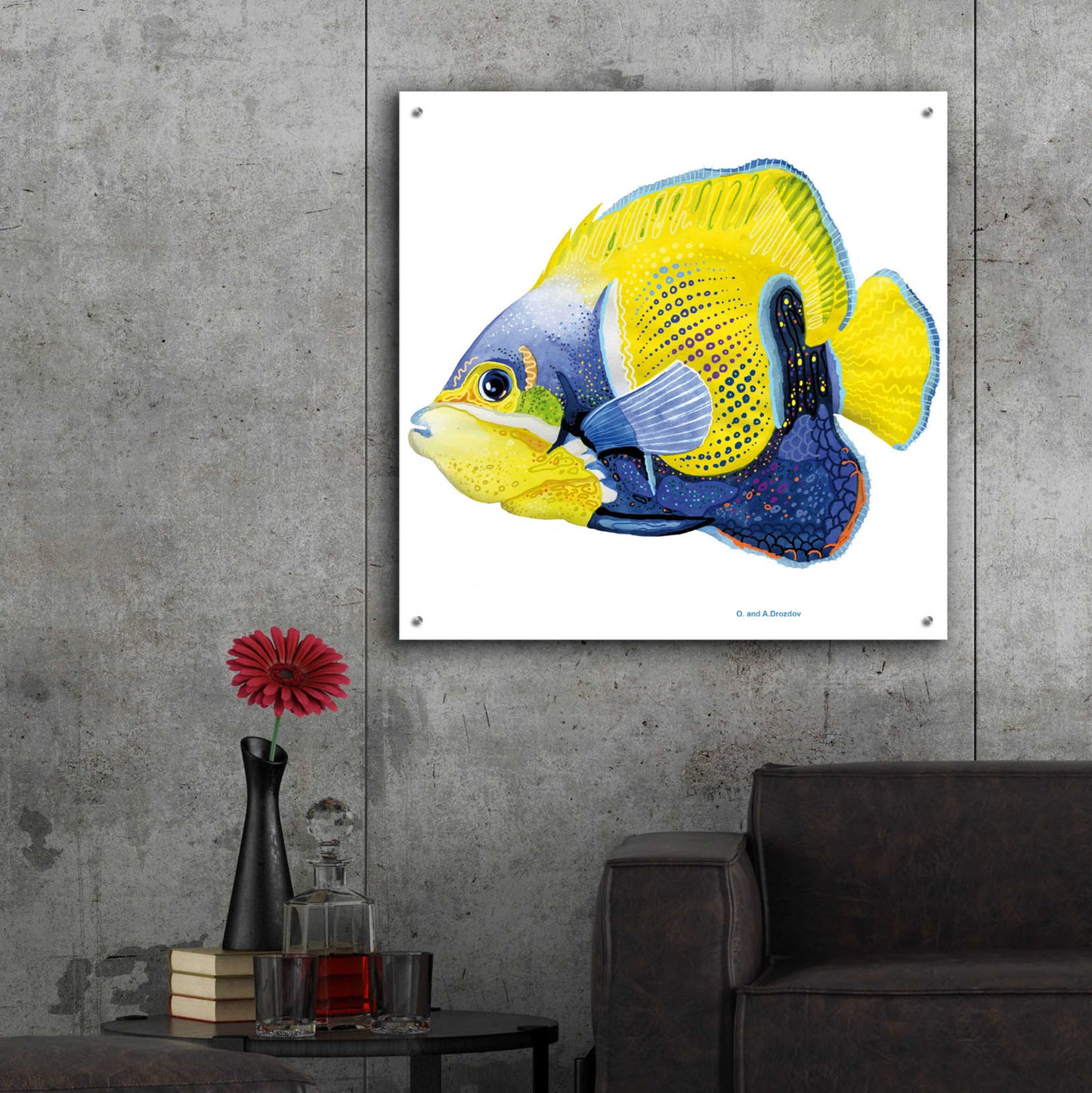 Epic Art 'Fish 3 Blue Yellow' by Olga and Alexey Drozdov, Acrylic Glass Wall Art,36x36