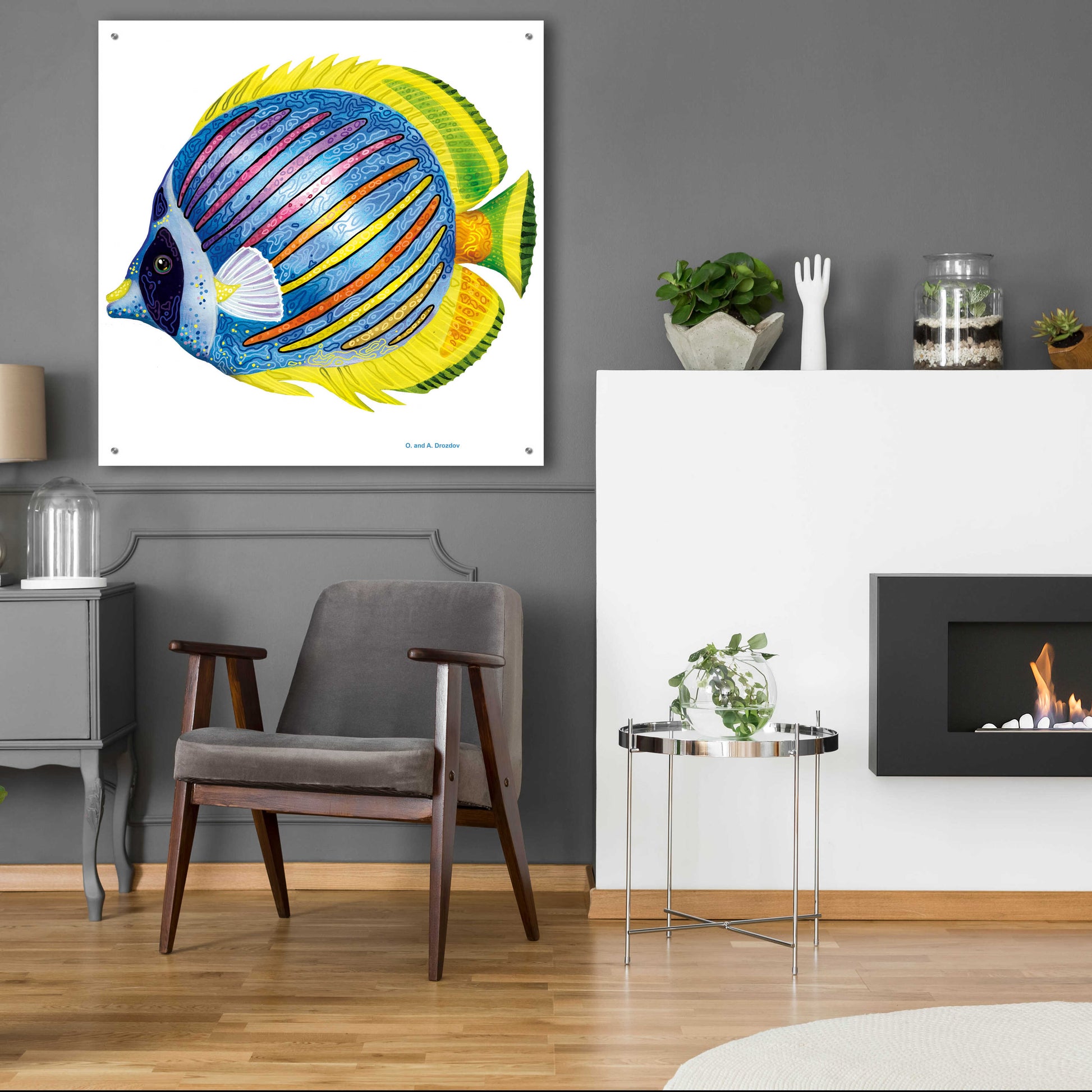 Epic Art 'Fish 1 Blue Yellow' by Olga and Alexey Drozdov, Acrylic Glass Wall Art,36x36