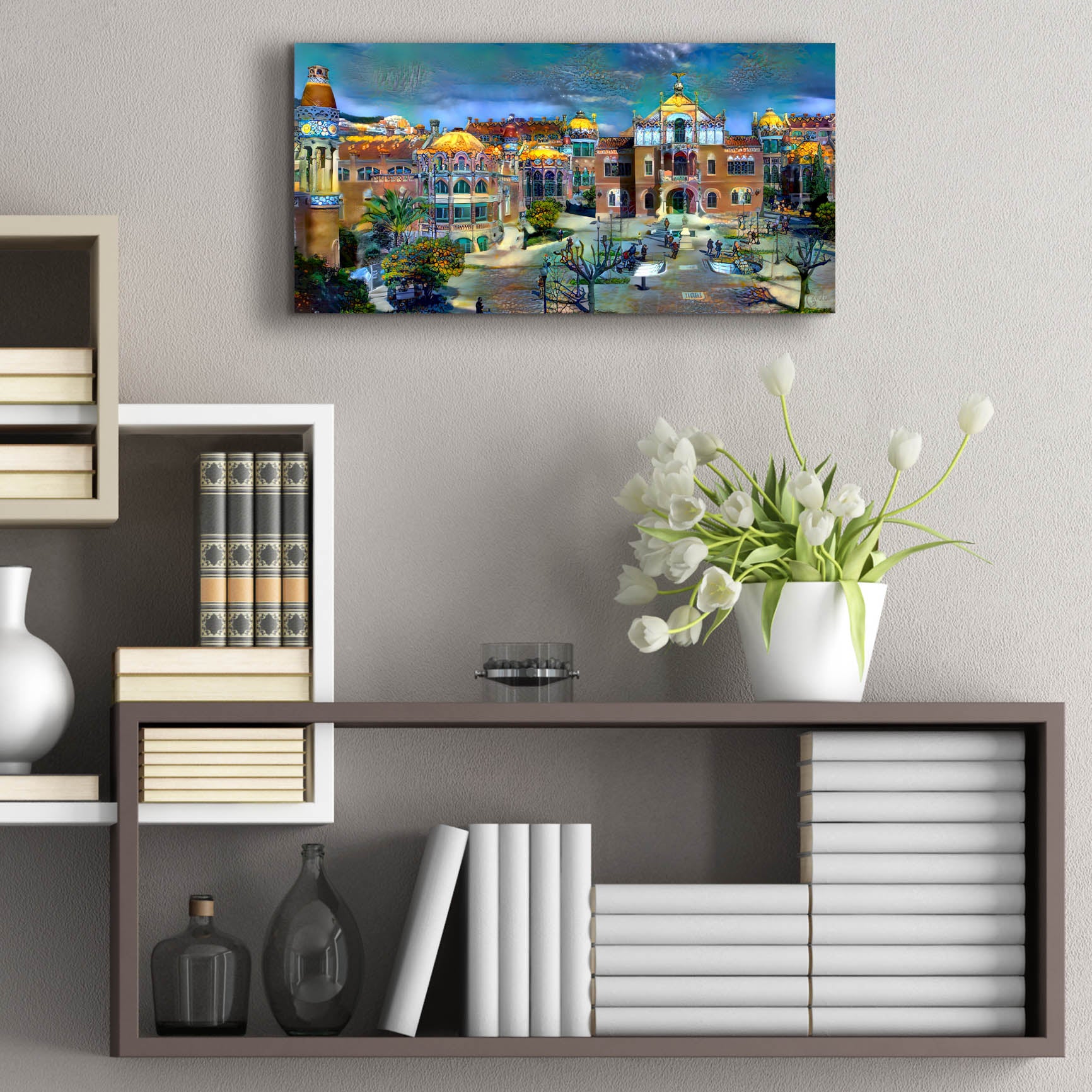 Epic Art 'Barcelona Spain Sant Pau Hospital and Palau de la Musica' by Pedro Gavidia, Acrylic Glass Wall Art,24x12