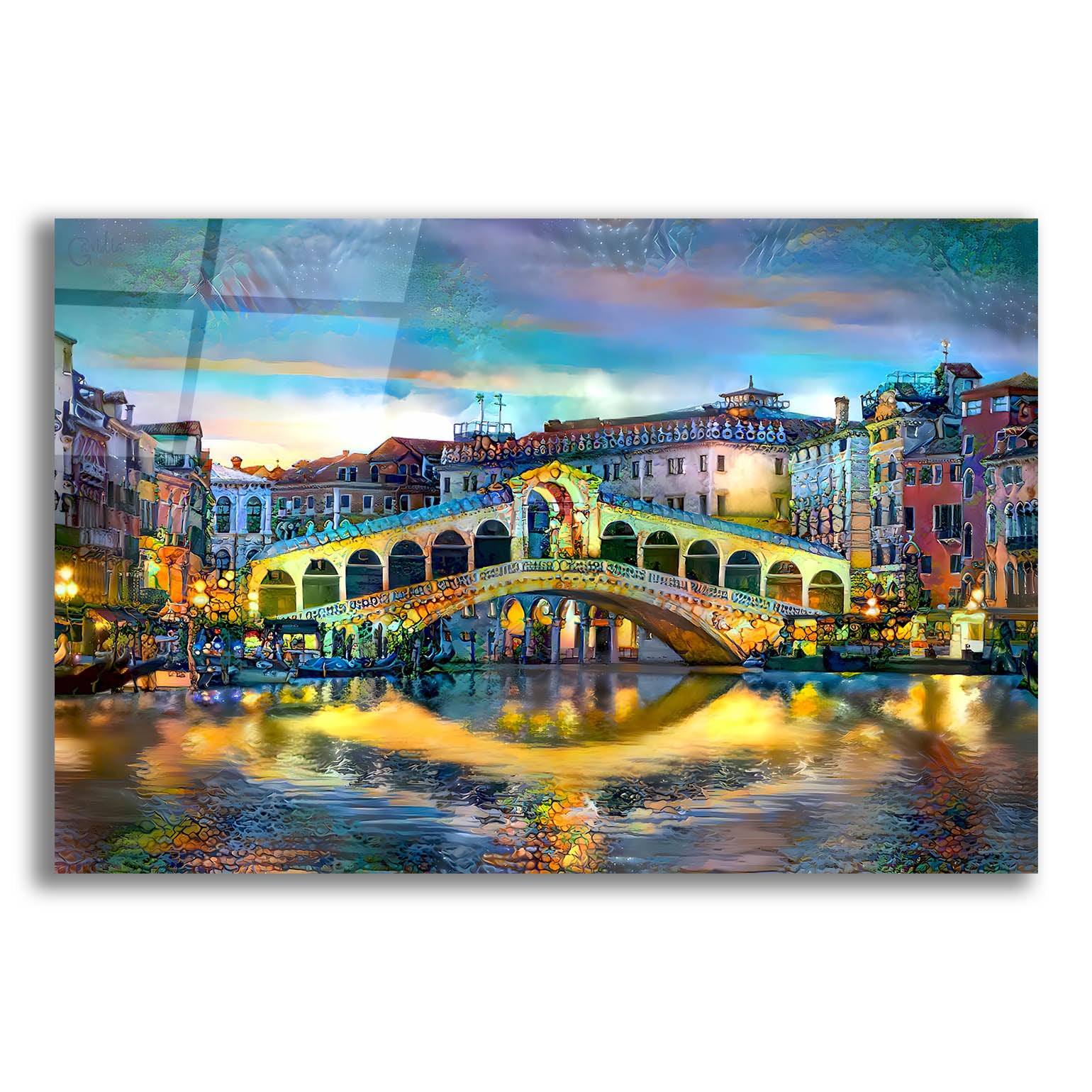 Epic Art 'Venice Italy Rialto Bridge at night' by Pedro Gavidia, Acrylic Glass Wall Art,16x12