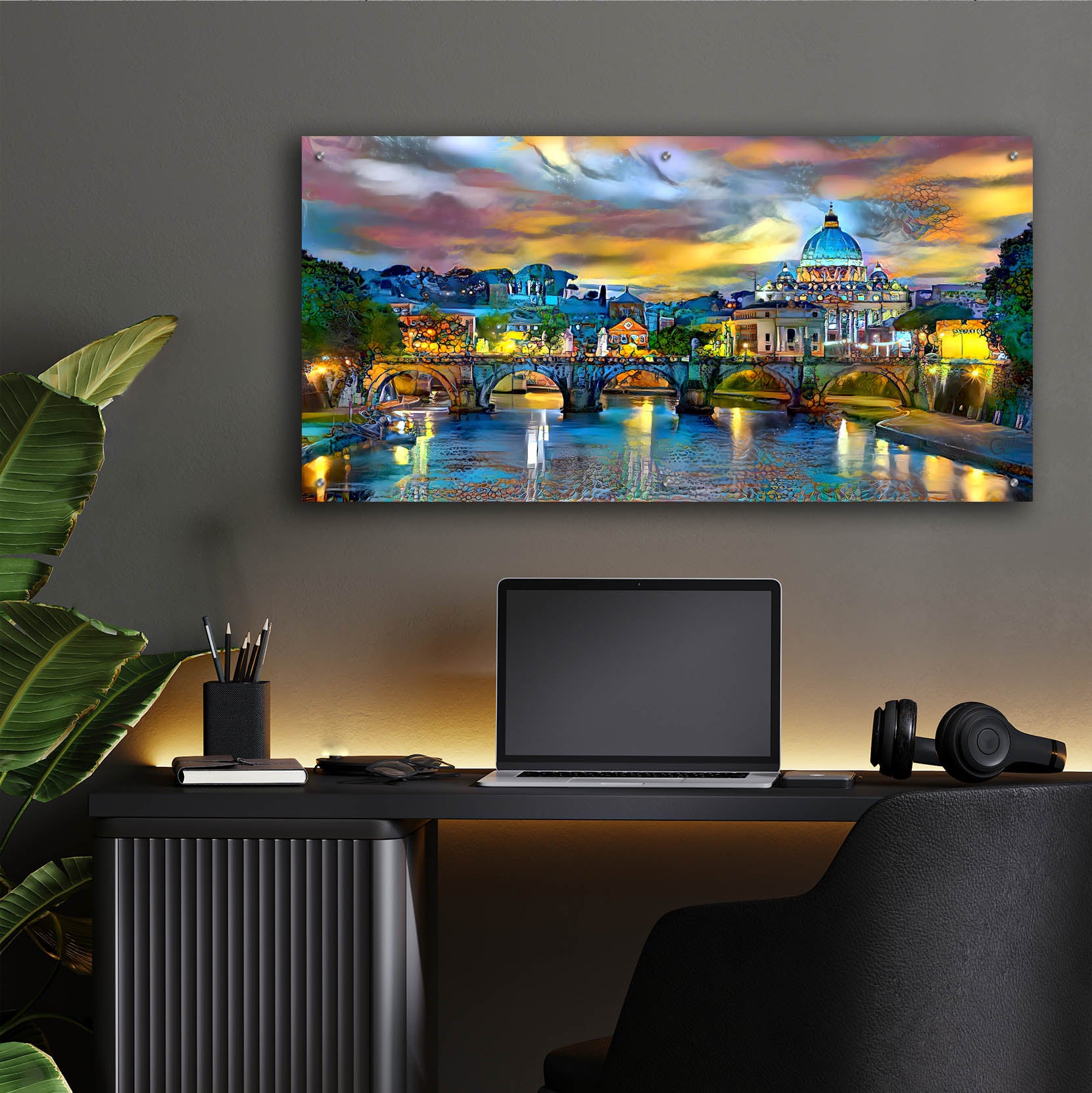 Epic Art 'Vatican City Saint Peter Basilica and bridge by night' by Pedro Gavidia, Acrylic Glass Wall Art,48x24