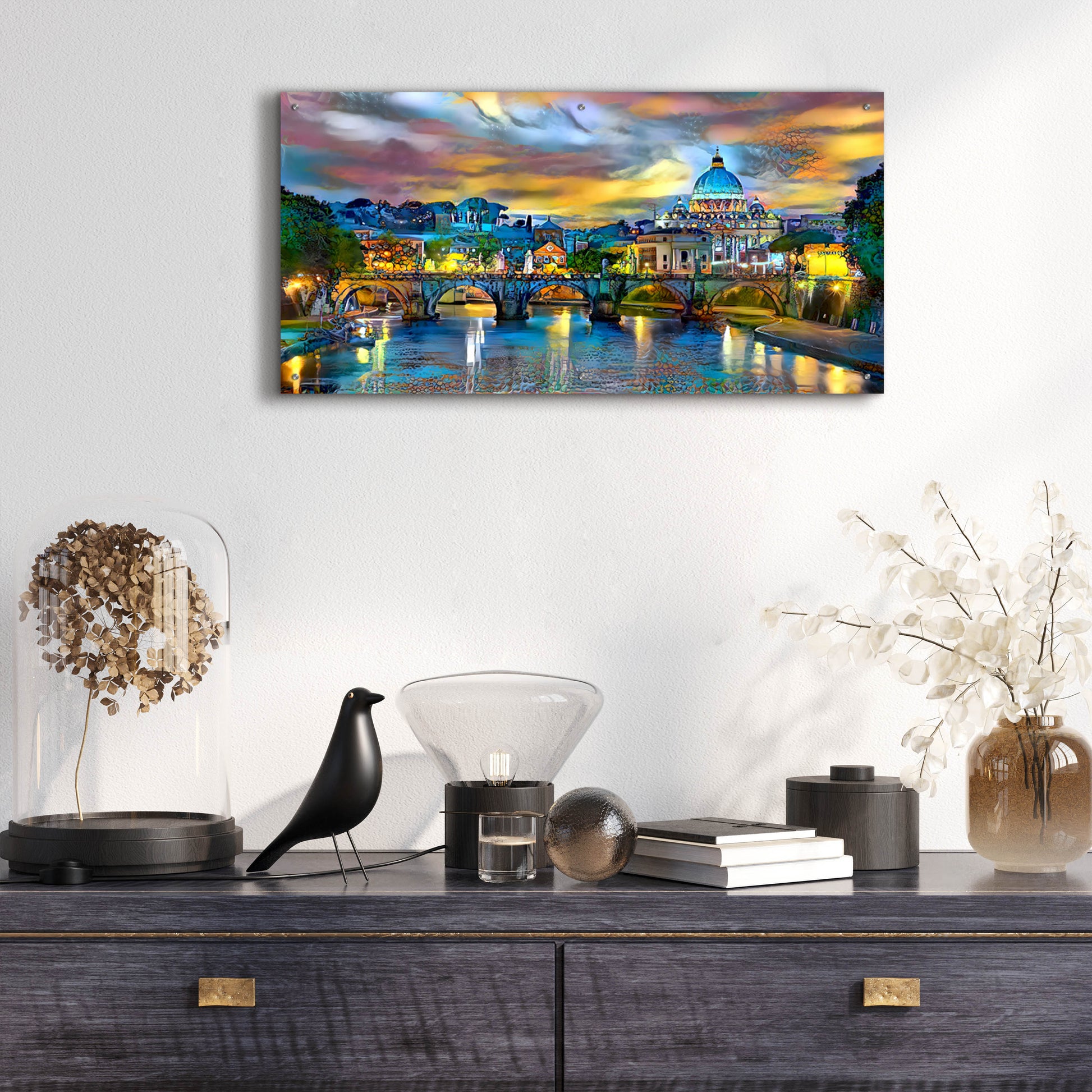 Epic Art 'Vatican City Saint Peter Basilica and bridge by night' by Pedro Gavidia, Acrylic Glass Wall Art,48x24