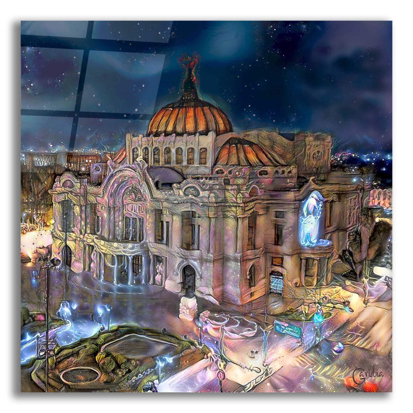 Epic Art 'Mexico City Palace of Fine Arts at night' by Pedro Gavidia, Acrylic Glass Wall Art,12x12