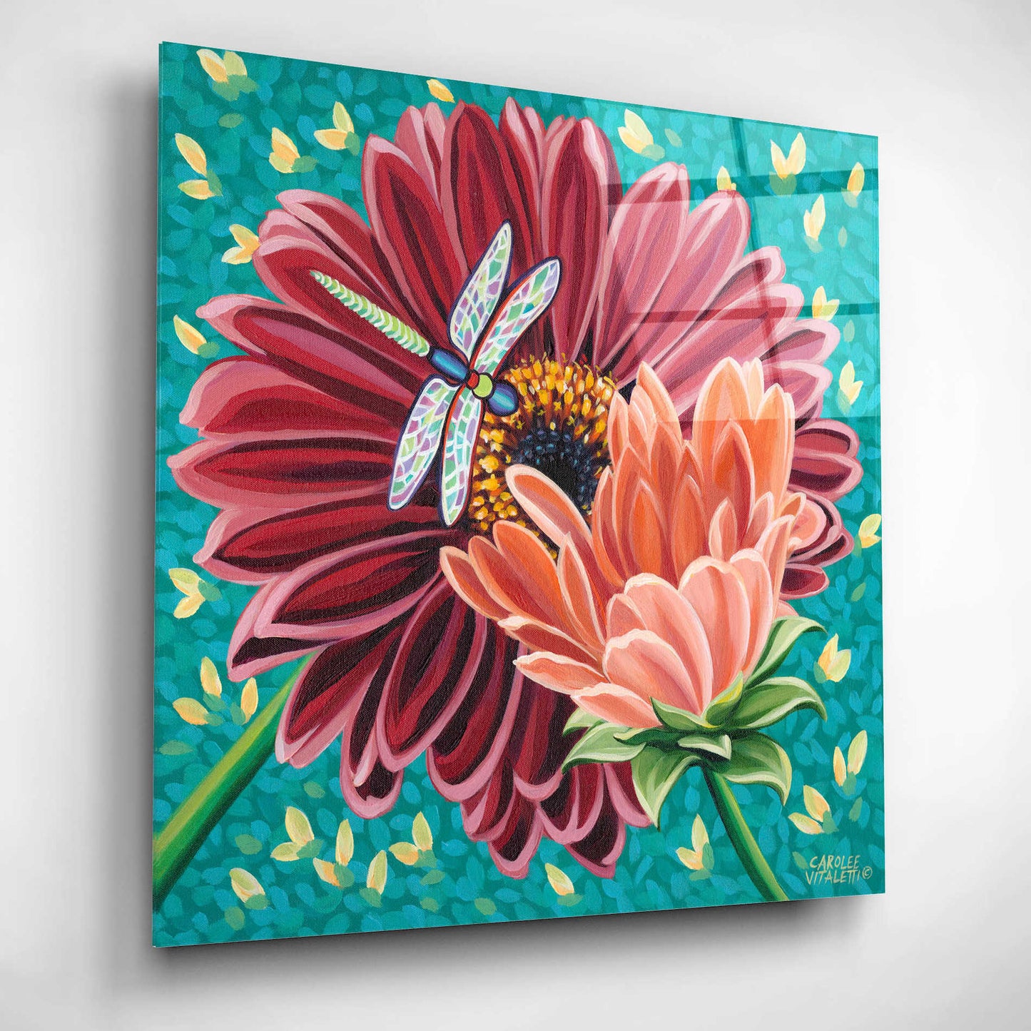 Epic Art 'Dragonfly on Blooms II' by Carolee Vitaletti, Acrylic Glass Wall Art,12x12