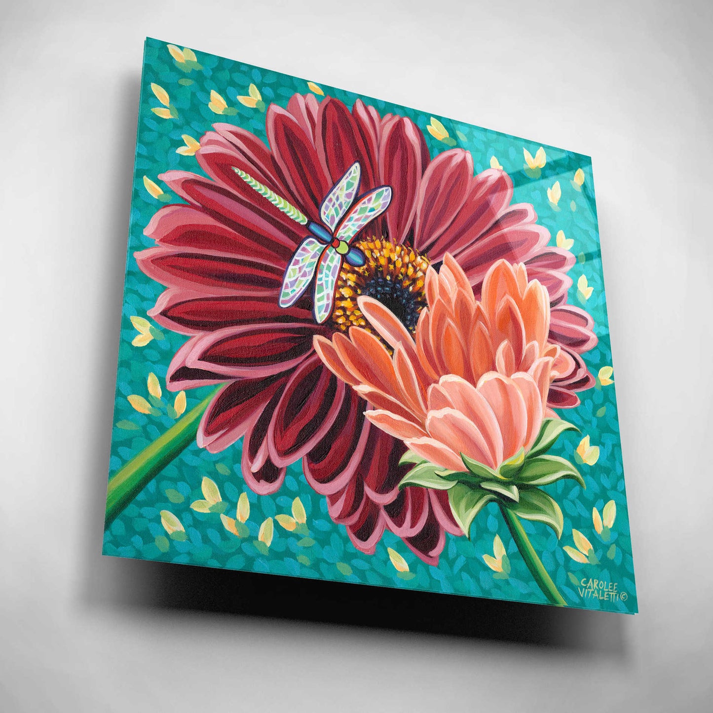 Epic Art 'Dragonfly on Blooms II' by Carolee Vitaletti, Acrylic Glass Wall Art,12x12