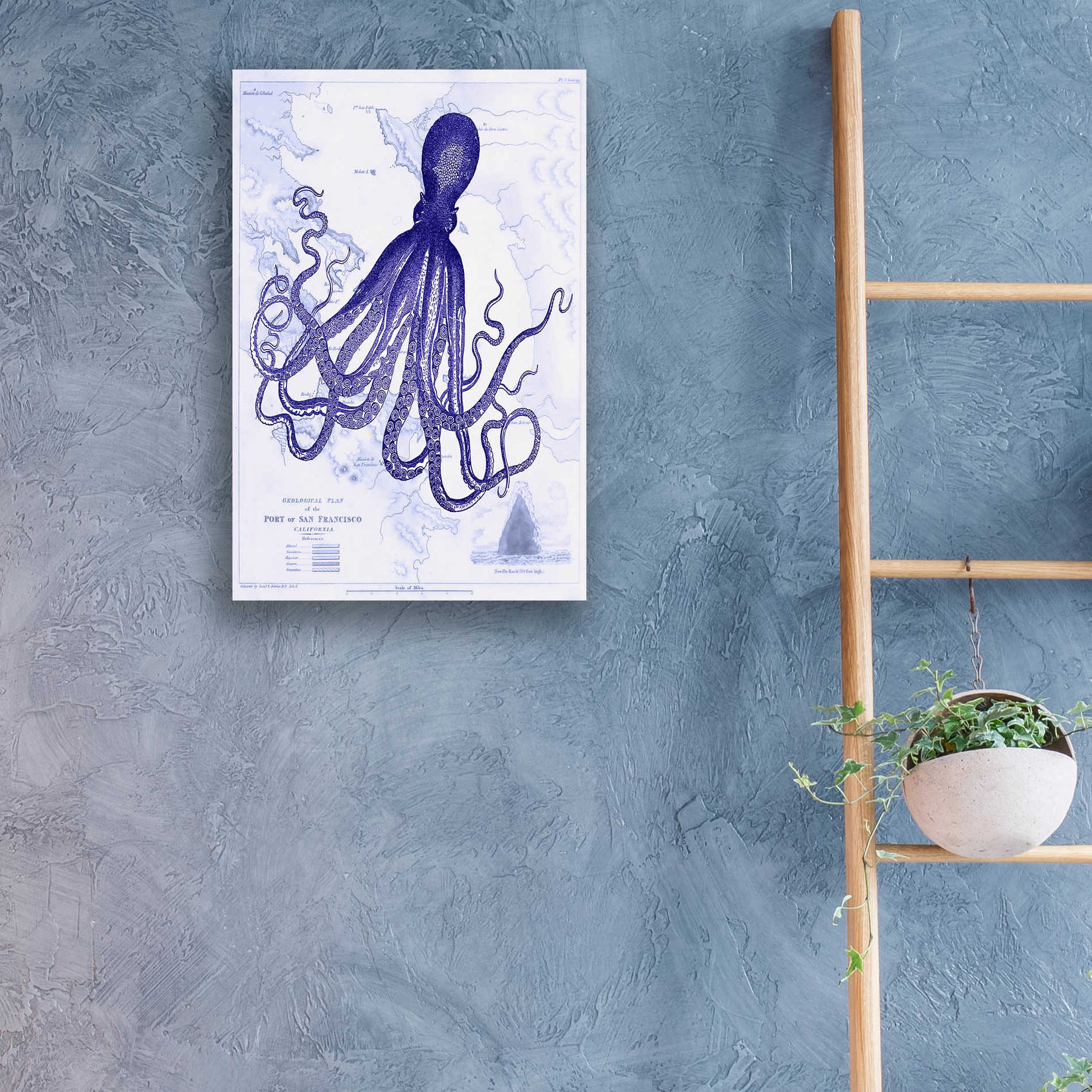 Epic Art 'Blue Octopus 1 on Nautical Map' by Fab Funky, Acrylic Glass Wall Art,16x24