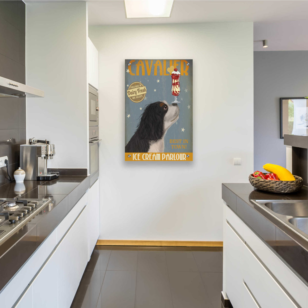 Epic Art 'Cavalier King Charles, Black White, Ice Cream' by Fab Funky, Acrylic Glass Wall Art,24x36