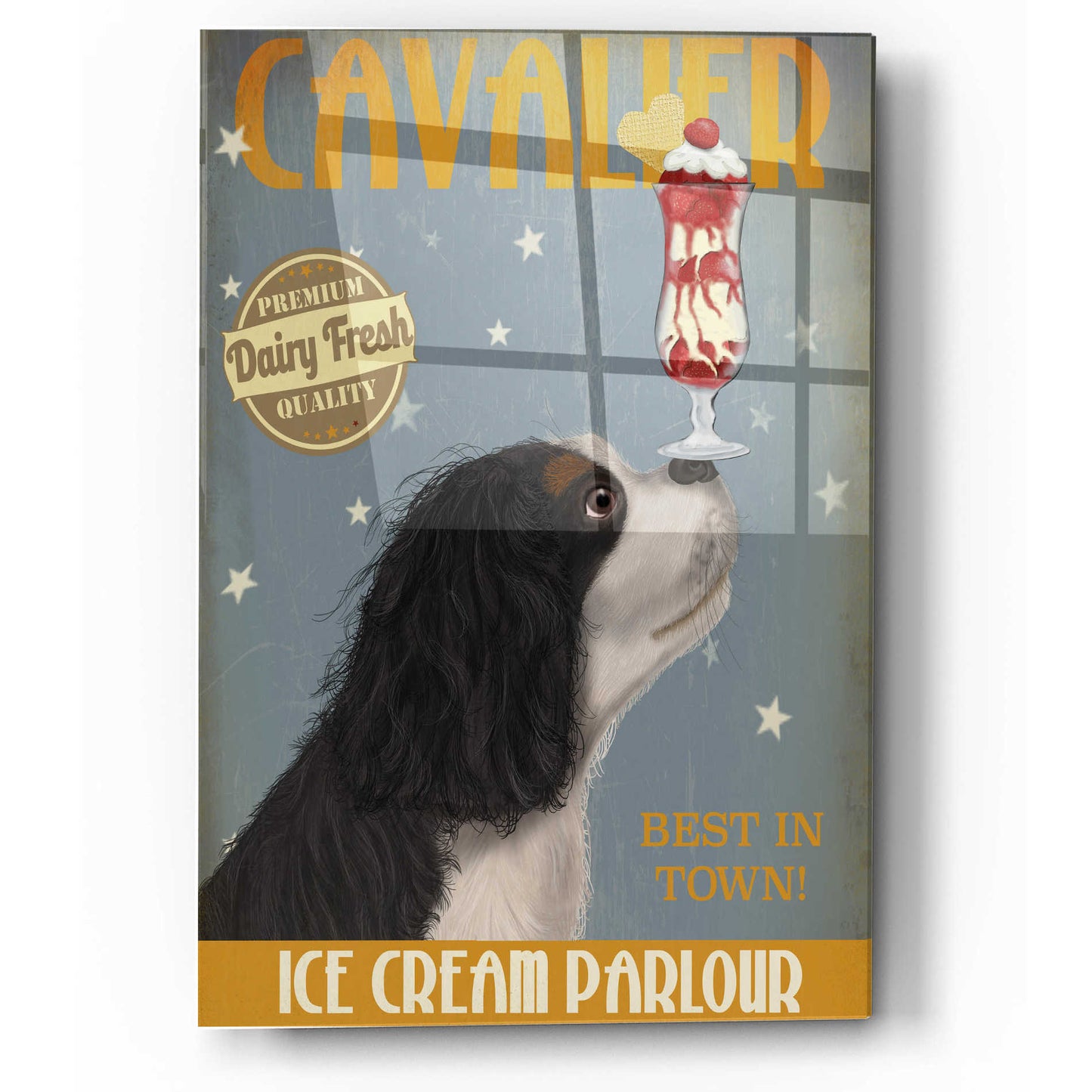 Epic Art 'Cavalier King Charles, Black White, Ice Cream' by Fab Funky, Acrylic Glass Wall Art