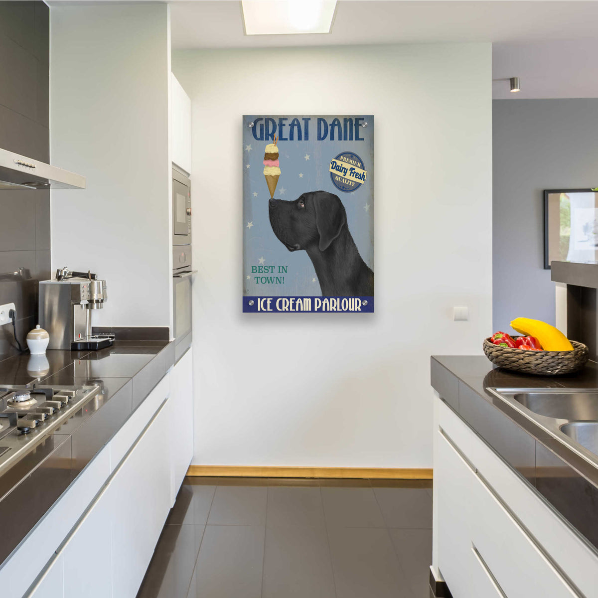 Epic Art 'Great Dane, Black, Ice Cream' by Fab Funky, Acrylic Glass Wall Art,24x36
