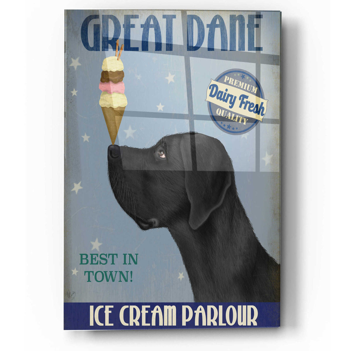 Epic Art 'Great Dane, Black, Ice Cream' by Fab Funky, Acrylic Glass Wall Art