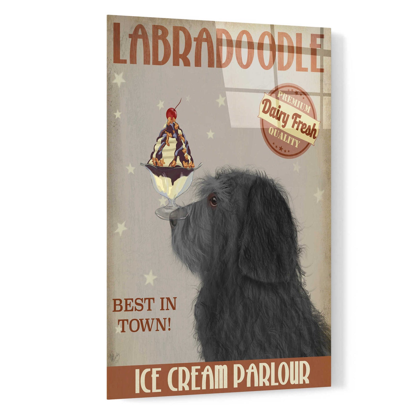 Epic Art 'Labradoodle, Black, Ice Cream' by Fab Funky, Acrylic Glass Wall Art,16x24