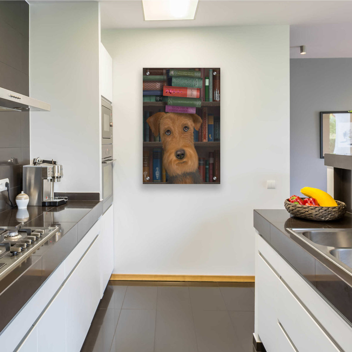 Epic Art 'Airedale and Books' by Fab Funky, Acrylic Glass Wall Art,24x36