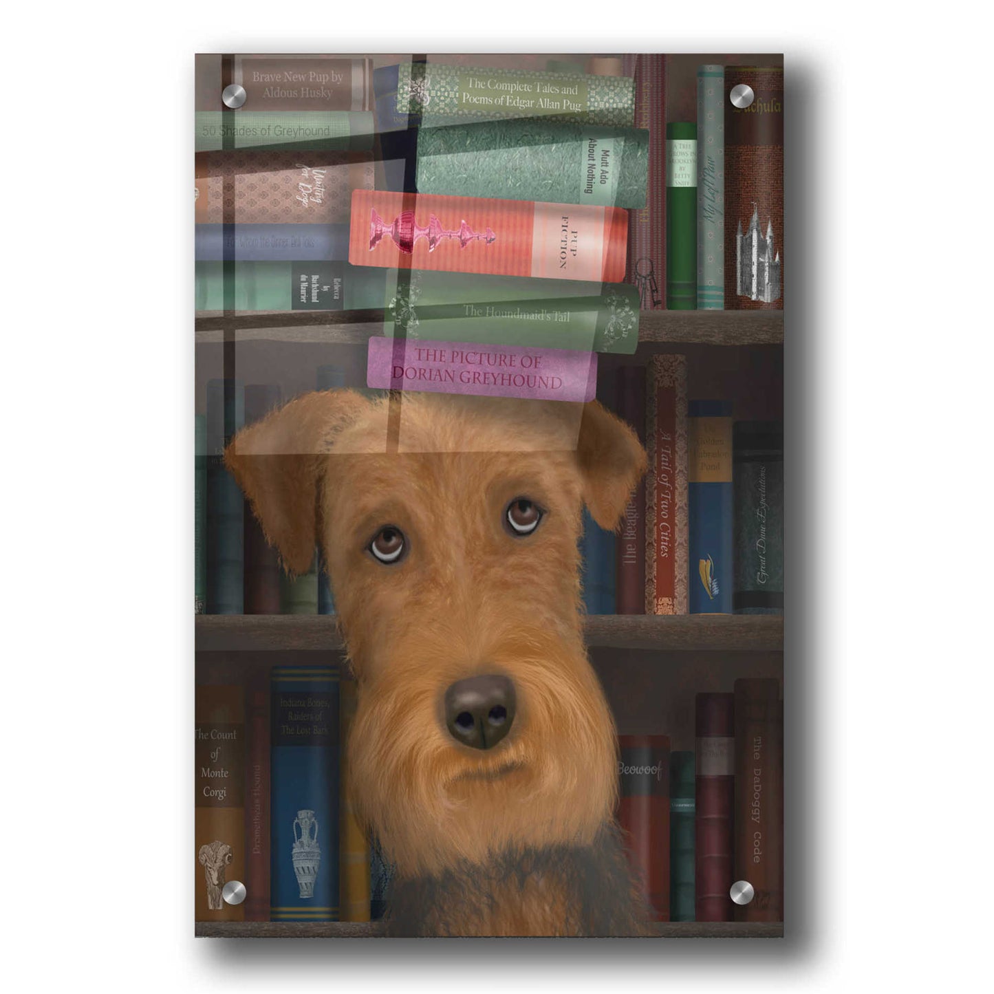 Epic Art 'Airedale and Books' by Fab Funky, Acrylic Glass Wall Art,24x36
