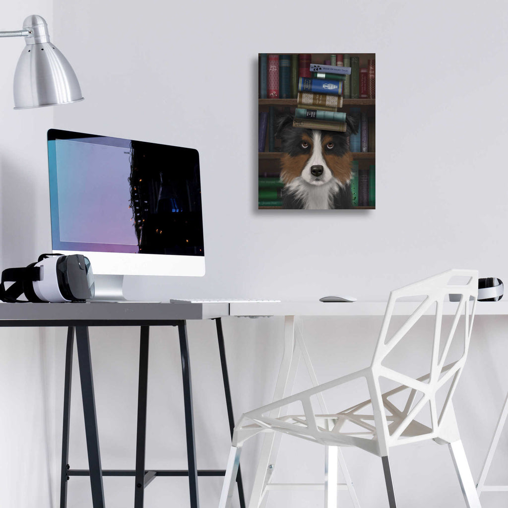 Epic Art 'Border Collie, Tricolour, and Books' by Fab Funky, Acrylic Glass Wall Art,12x16