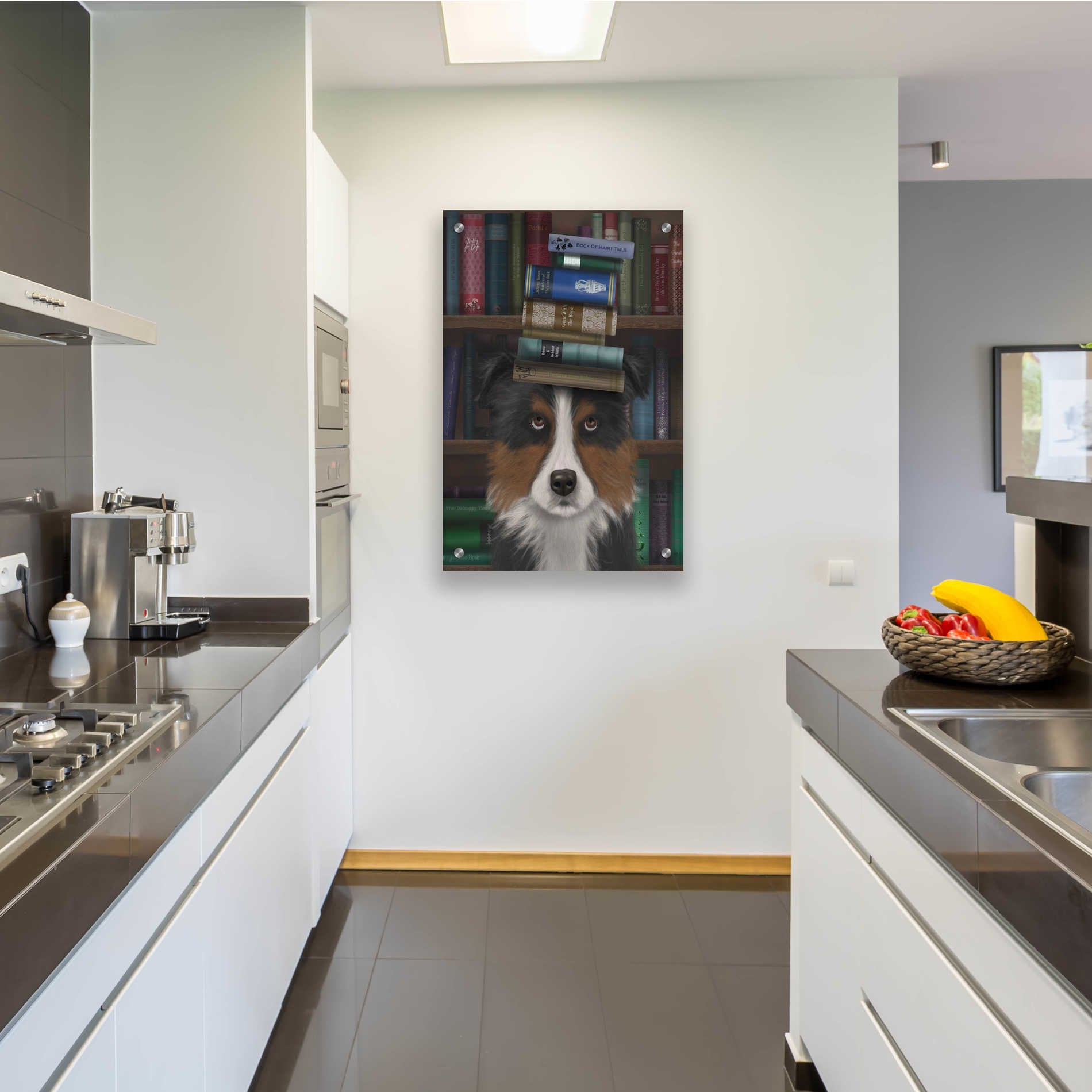 Epic Art 'Border Collie, Tricolour, and Books' by Fab Funky, Acrylic Glass Wall Art,24x36