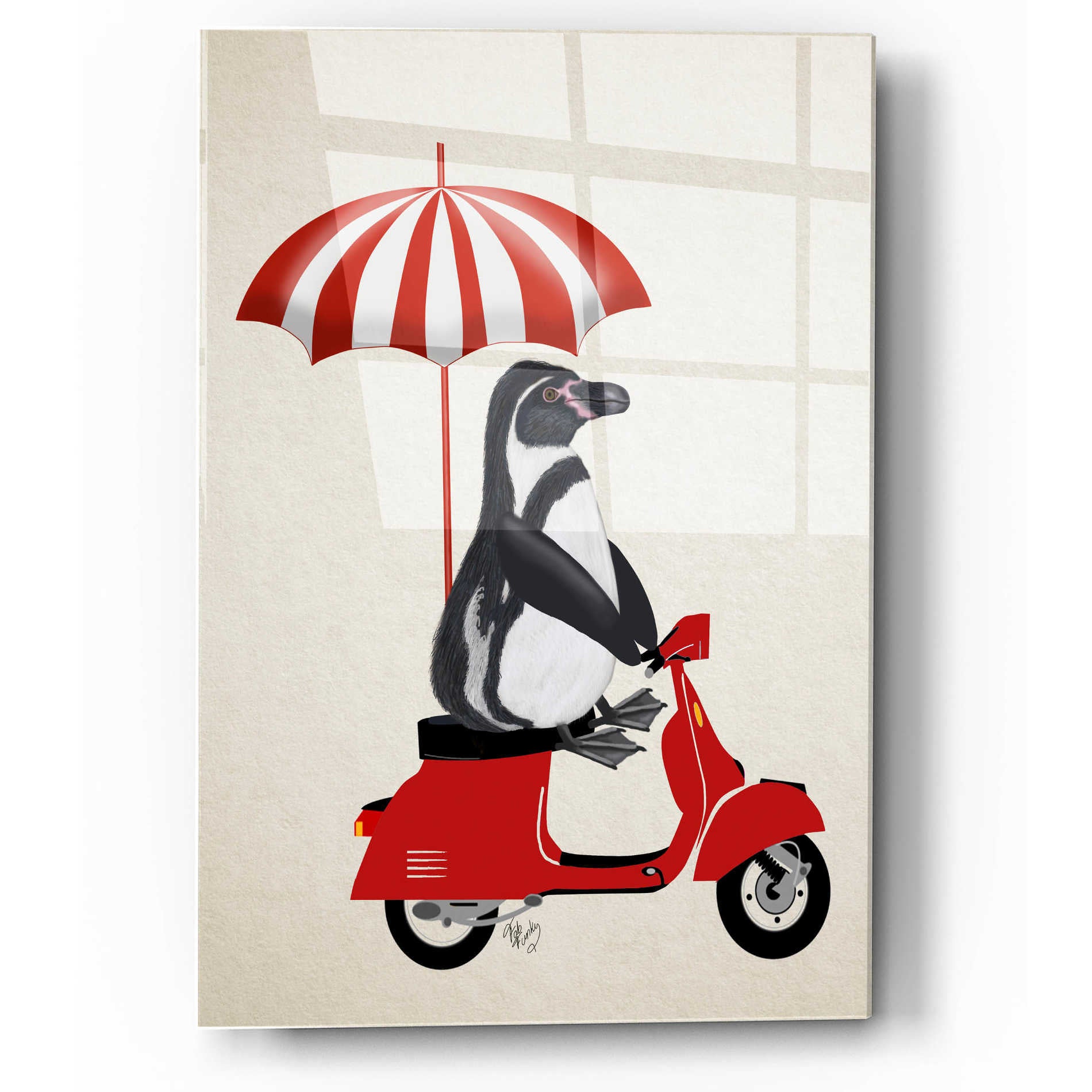 Epic Art 'Penguin On Red Moped' by Fab Funky, Acrylic Glass Wall Art,12x16