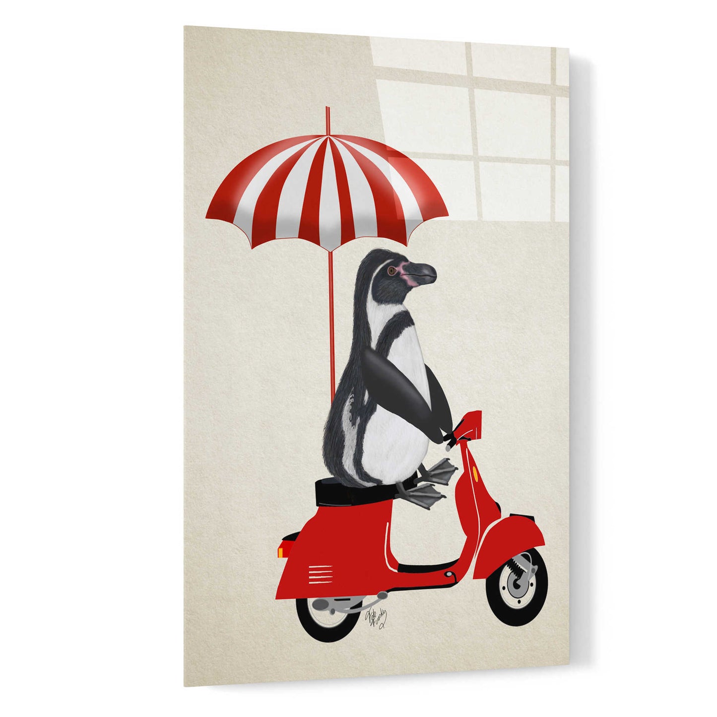 Epic Art 'Penguin On Red Moped' by Fab Funky, Acrylic Glass Wall Art,16x24