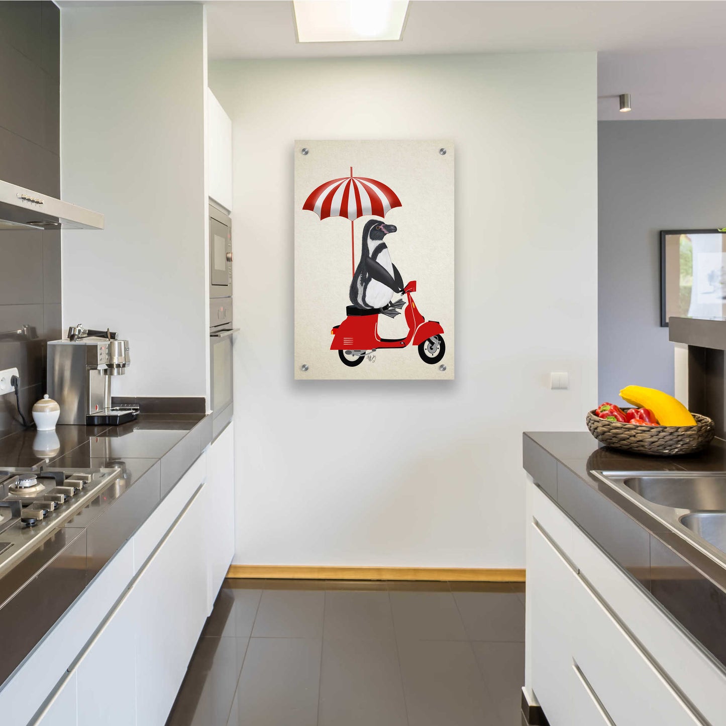 Epic Art 'Penguin On Red Moped' by Fab Funky, Acrylic Glass Wall Art,24x36