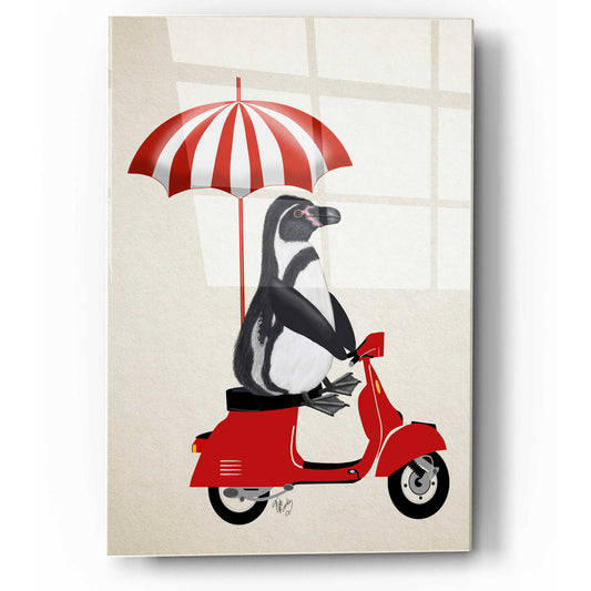 Epic Art 'Penguin On Red Moped' by Fab Funky, Acrylic Glass Wall Art