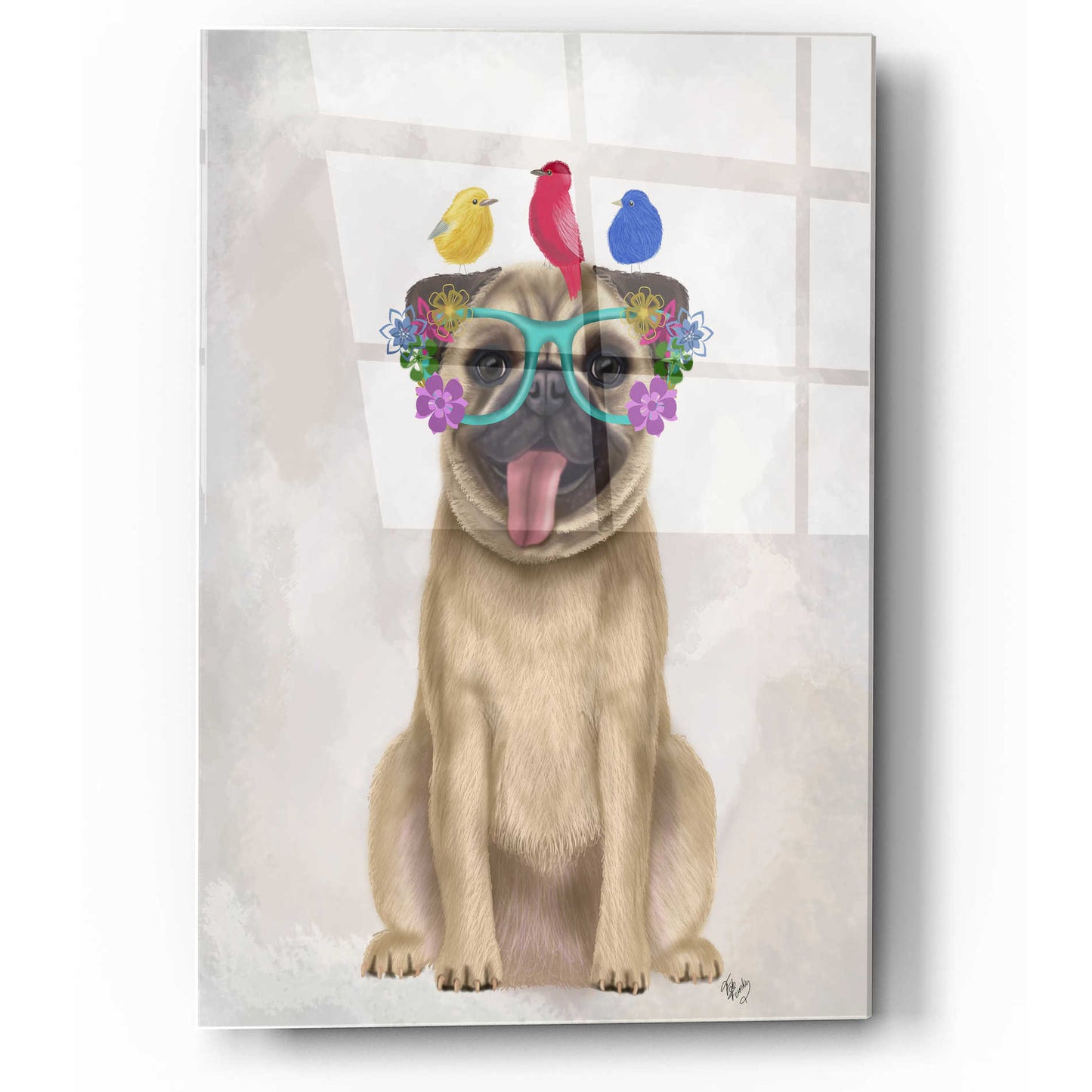 Epic Art 'Pug and Flower Glasses' by Fab Funky, Acrylic Glass Wall Art,12x16