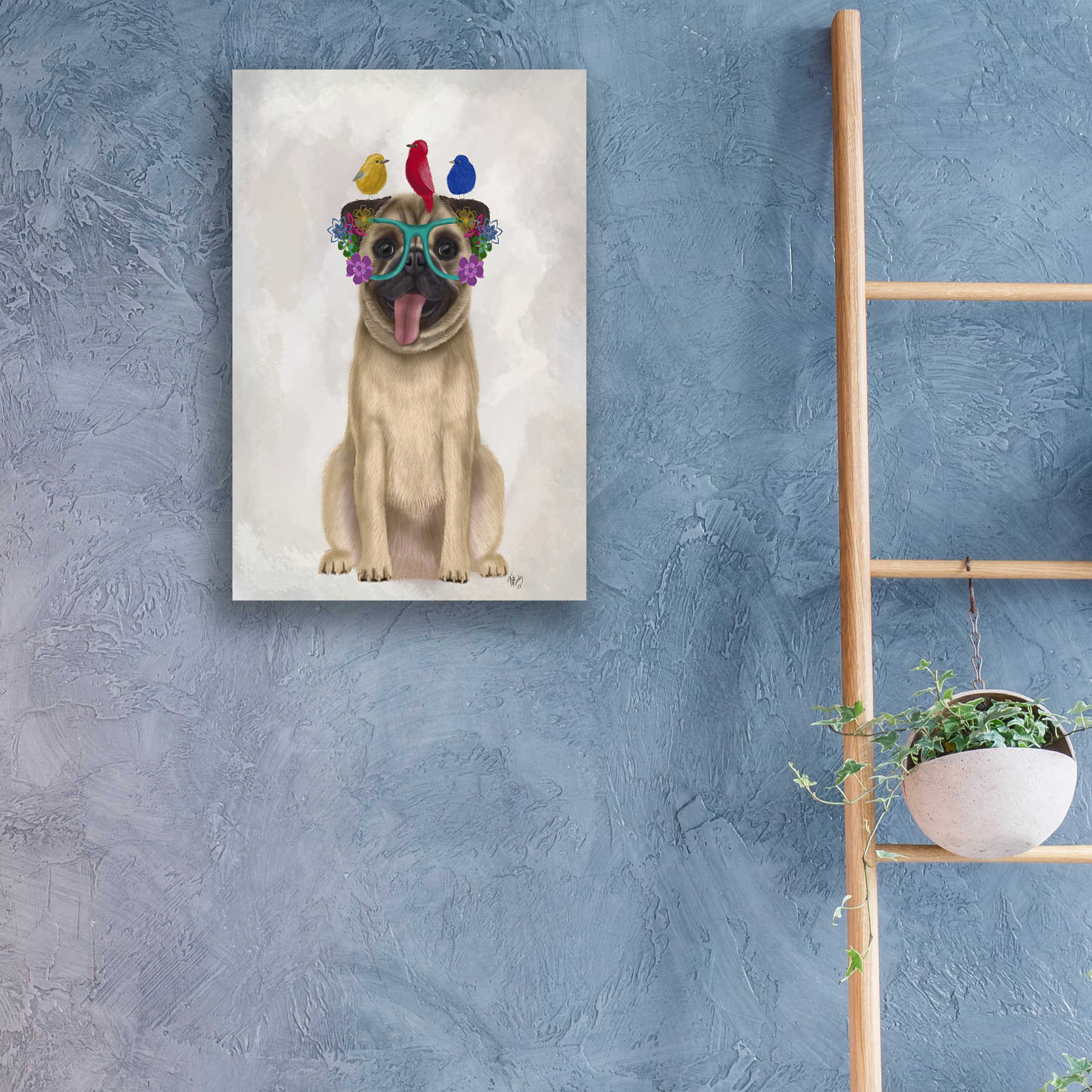 Epic Art 'Pug and Flower Glasses' by Fab Funky, Acrylic Glass Wall Art,16x24